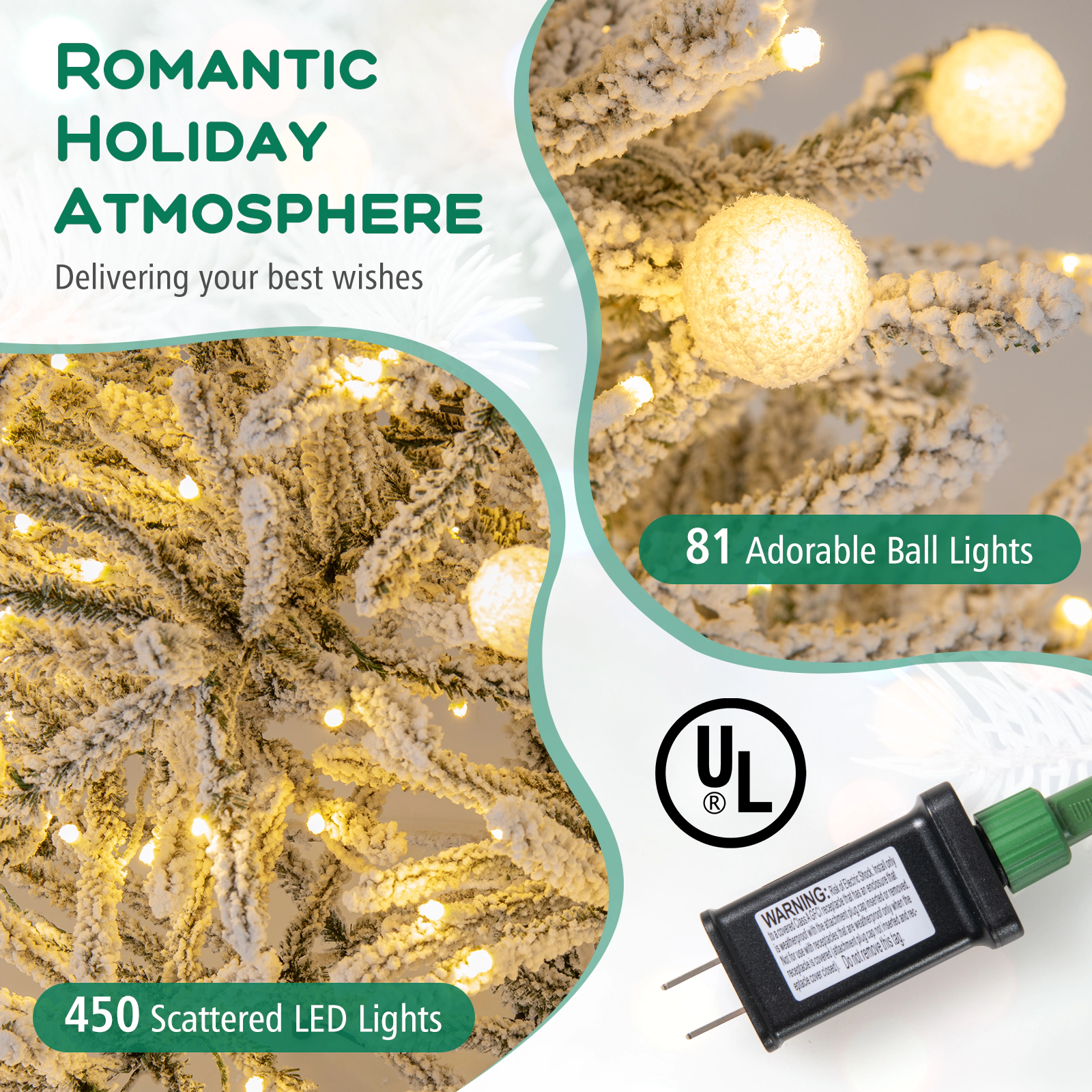 Costway 6/7/8 FT Snow-flocked Artificial Christmas Tree with 51/65/81 Sphere Lights 250/350/450 LED Lights