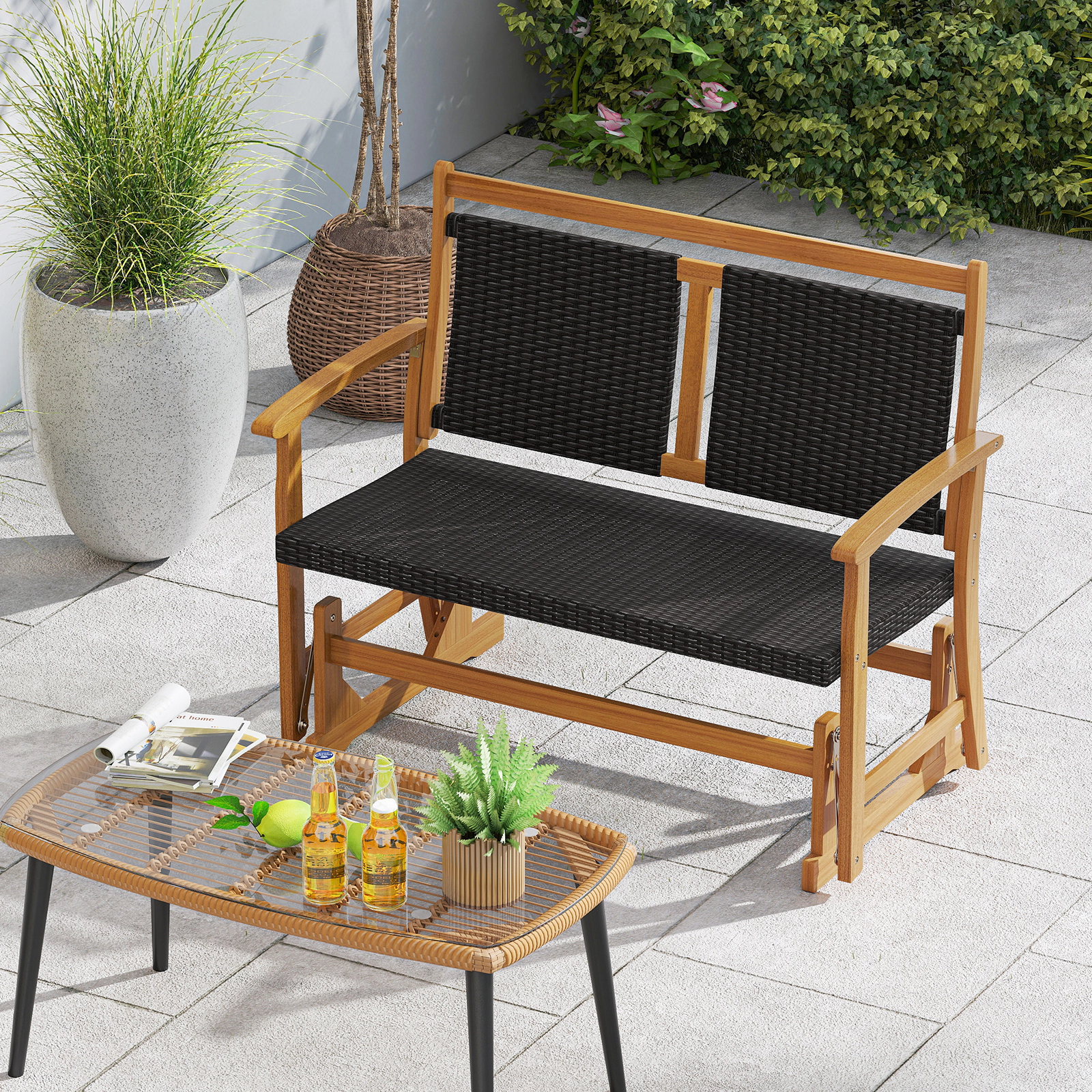 SUGIFT Acacia Wood Frame and Woven Wicker Seat Patio Rattan Glider Chair