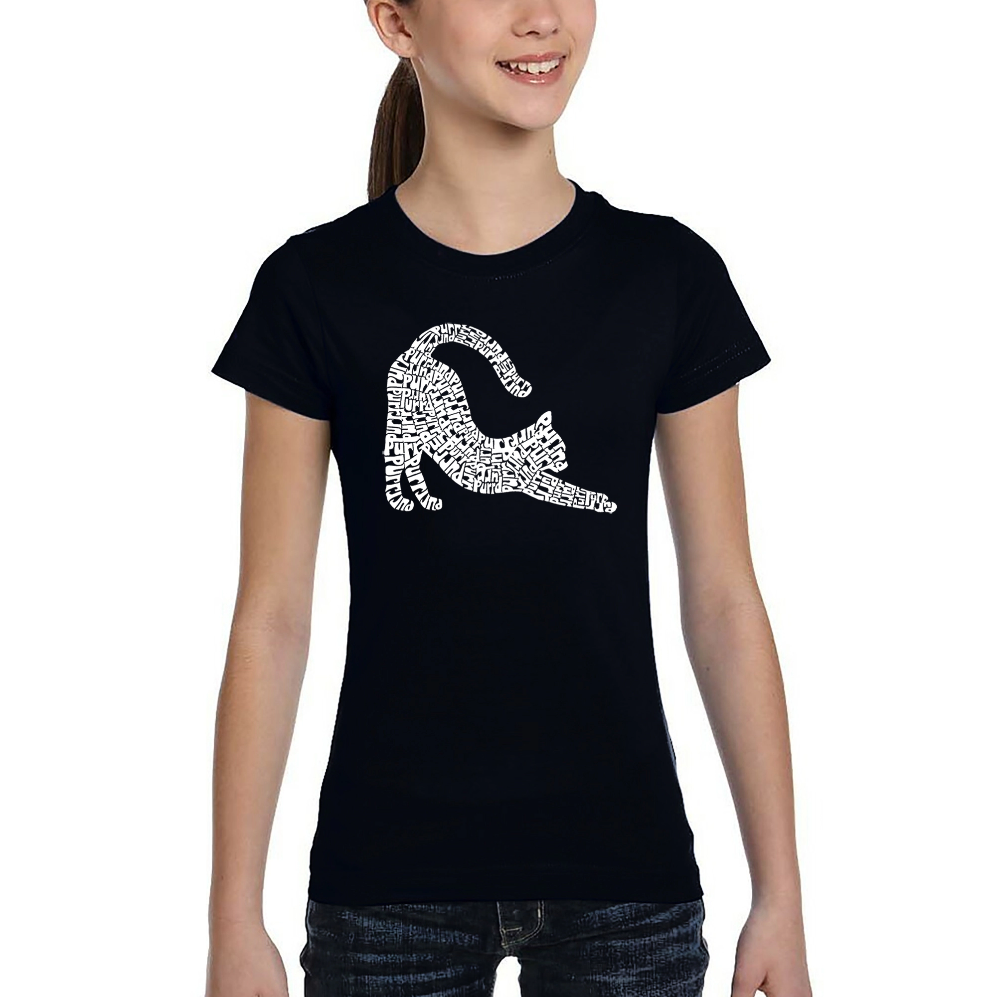 LA Pop Art Girls Word T-Shirt - Stretching Cat