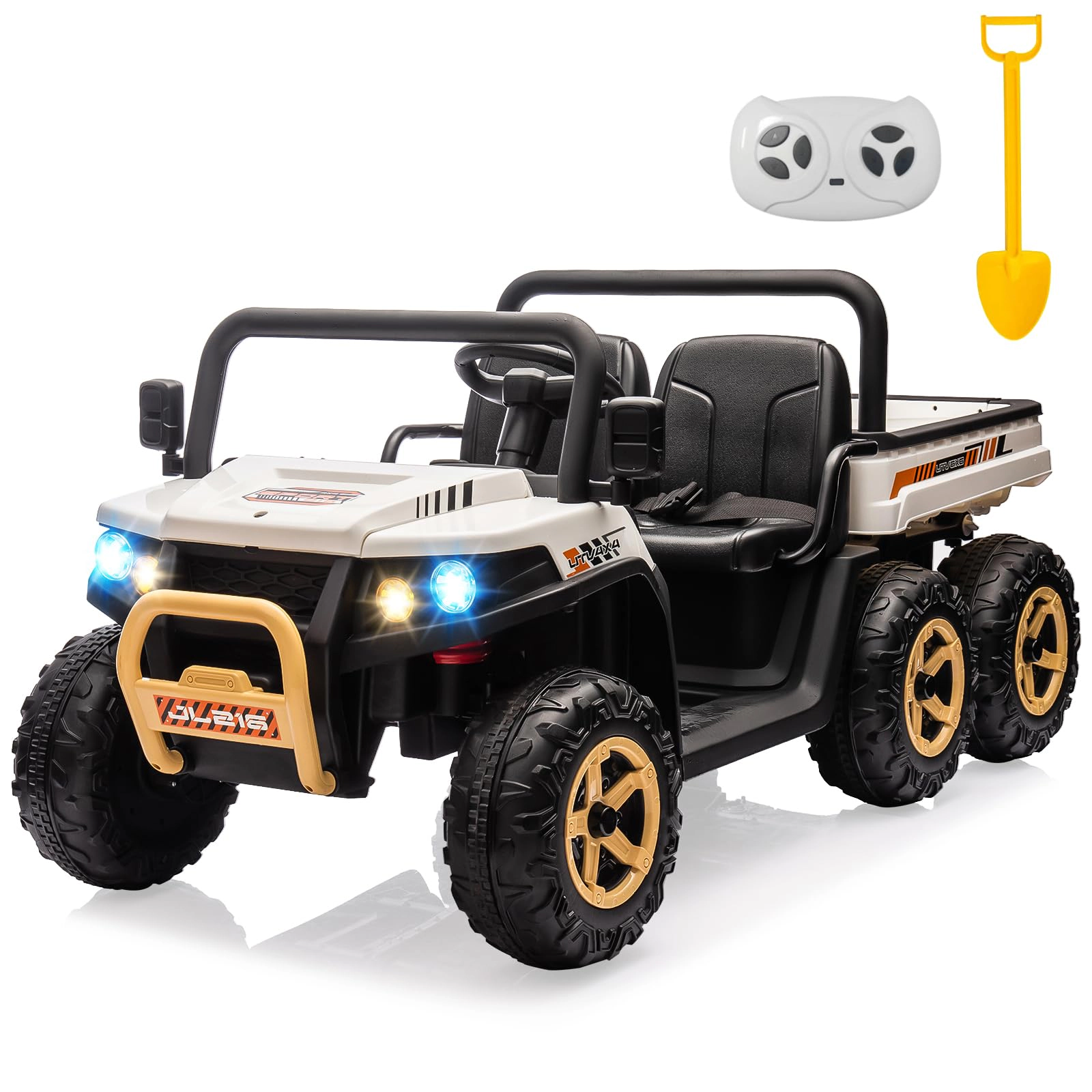 24V 6-Wheel Ride-on Dump Truck, 2-Seater 4WD Electric UTV with Remote, Dump Bed & Shovel, Music, LED