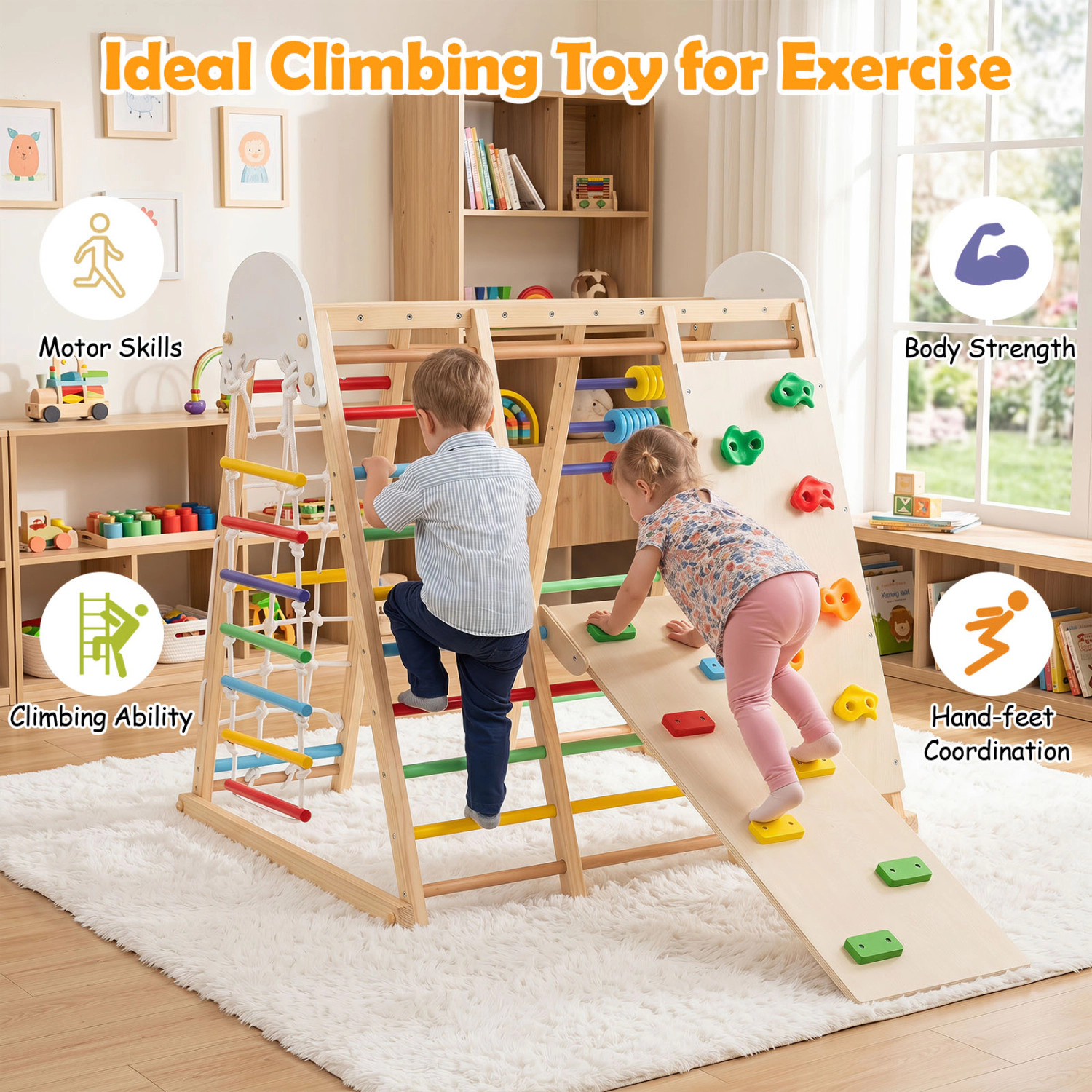 LJG 8-in-1 Foldable Indoor Jungle Gym for Kids with Swing and Monkey Bars