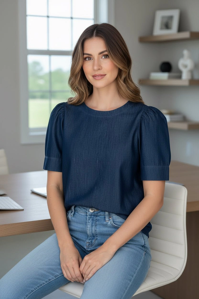 DressAtR Women's Blue Denim Round Neck Elbow Sleeve Back Button Blouse