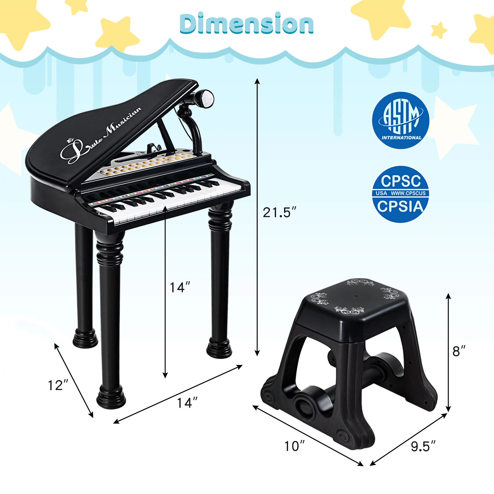 SUGIFT Kids Black 31-Key Toy Grand Piano with Stool and LED Teaching Lights 14-in W 12-in D 21.5-in H Ages 3+
