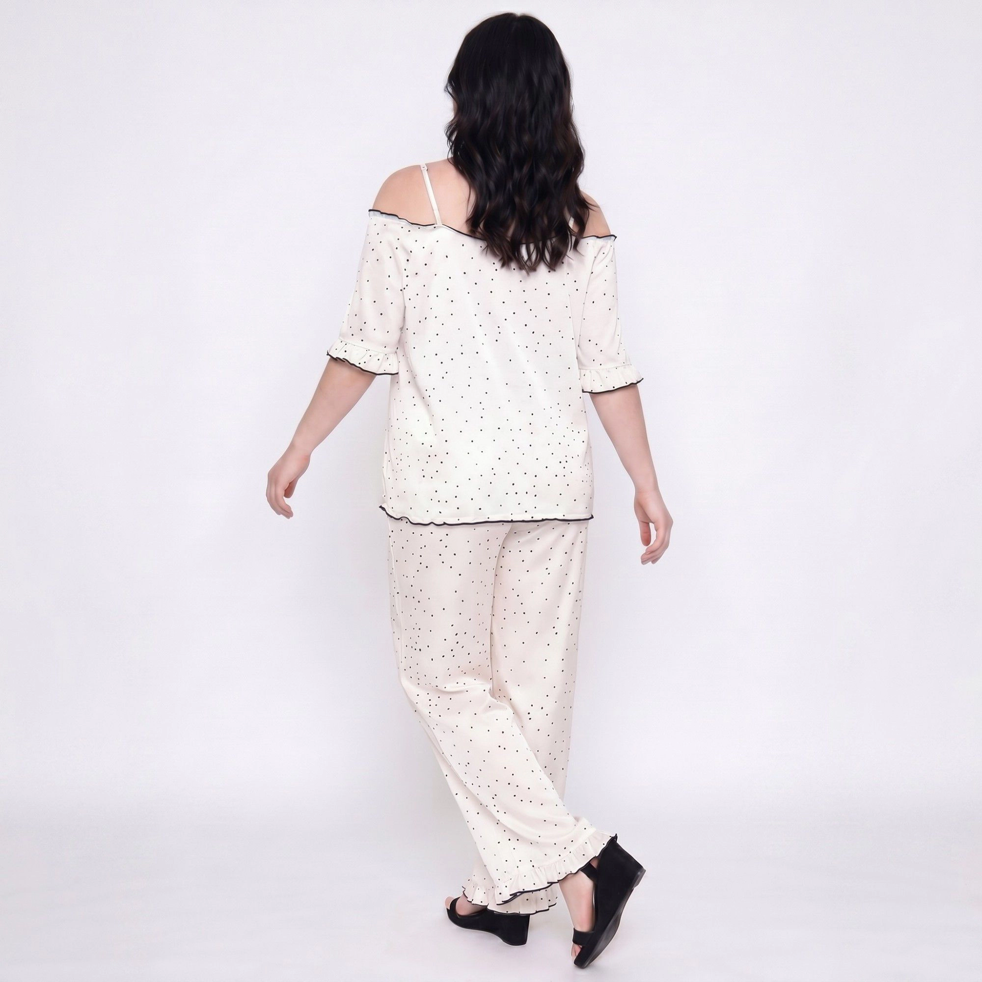 Anna-Kaci Women's Plus 2-Piece Polka Dot Off Shoulder Pajama Top and Wide Leg Pants Sleepwear Lounge Set