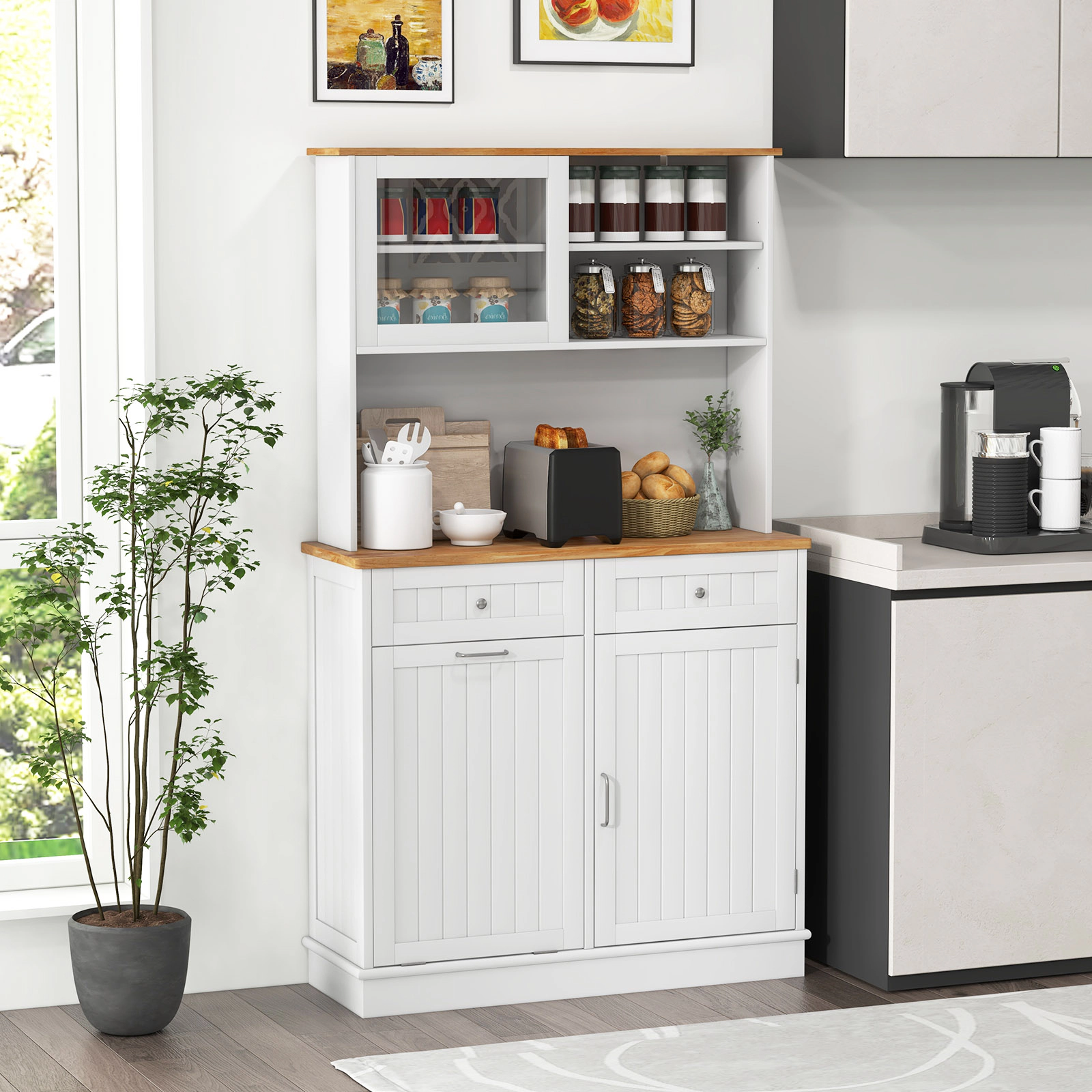 LJG Double Tilt Out Trash Cabinet with Hutch and Rubber Wood Countertop