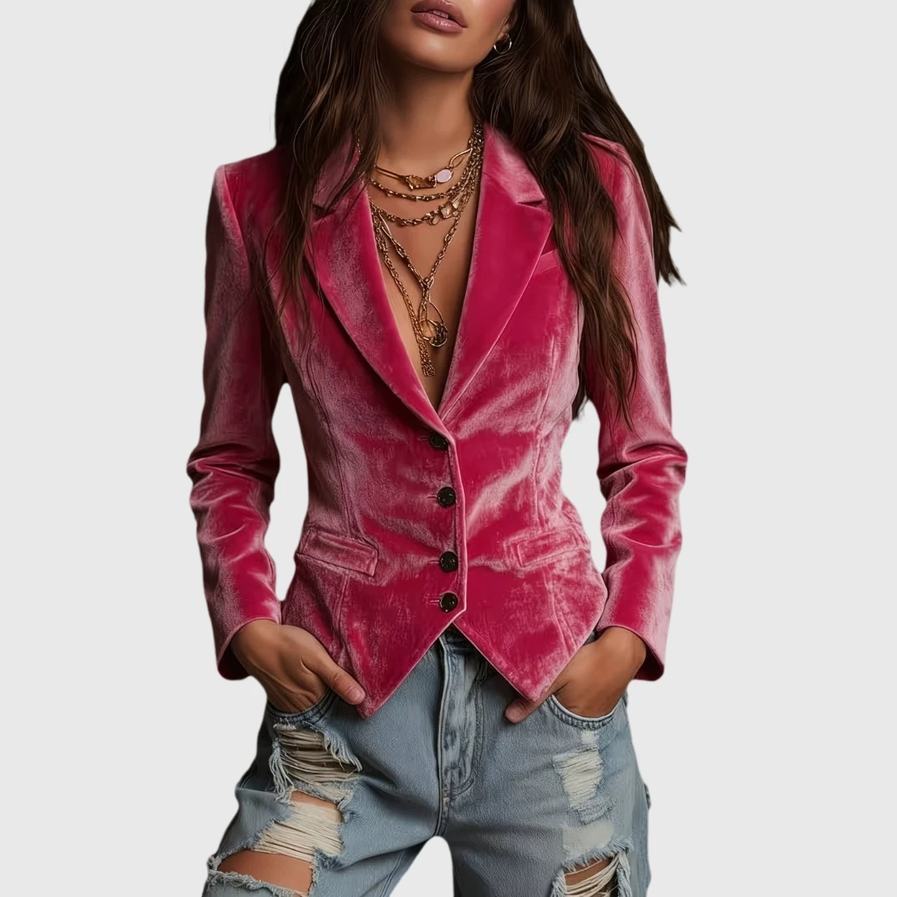 YesFashion Women's Velvet Blazer Casual Notched Lapel Single Breasted Work Suit Jacket