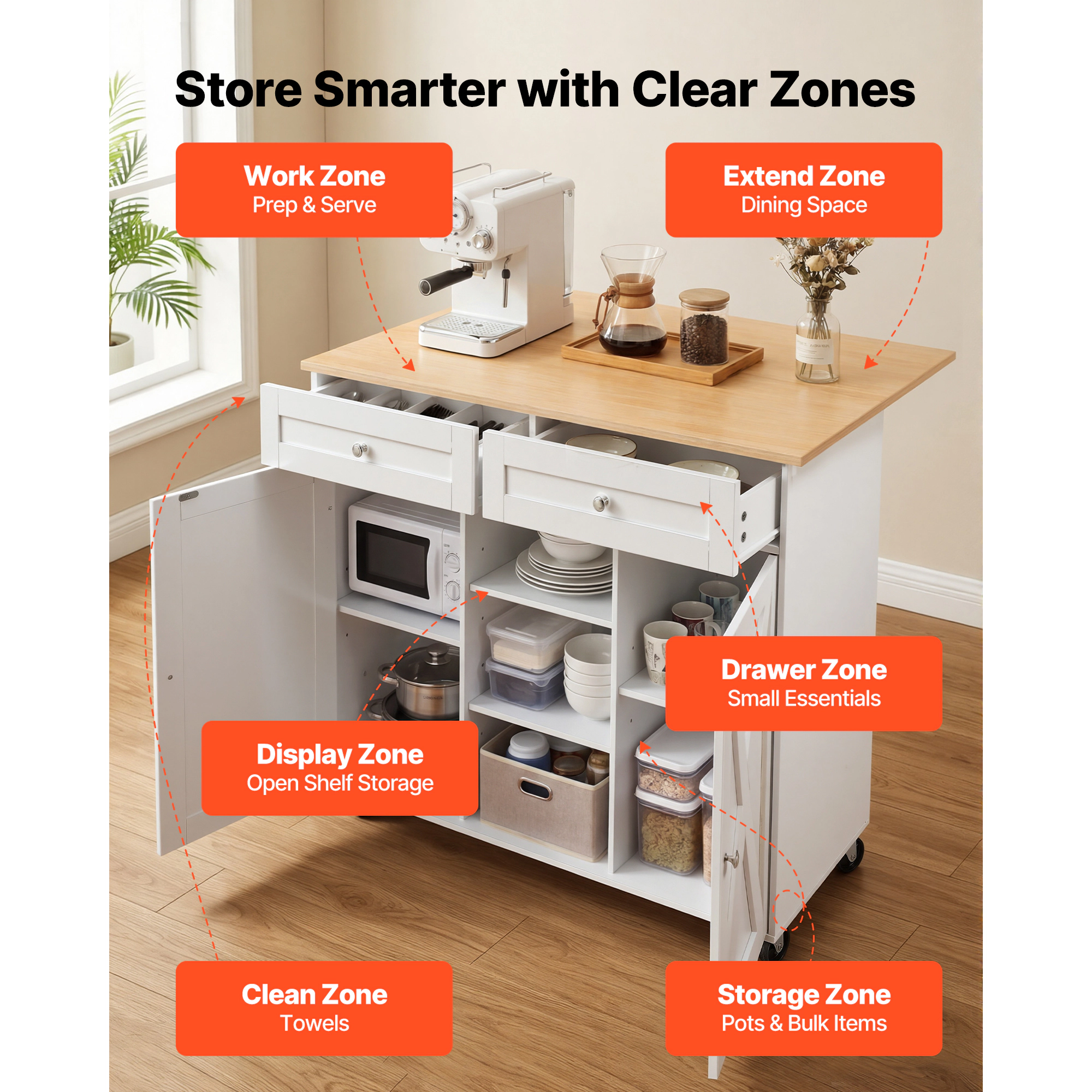 HONGGE Kitchen Island Cart with Storage Mobile Rolling Storage Island on Swivel Wheels with 2 Drawers Storage Cabinet