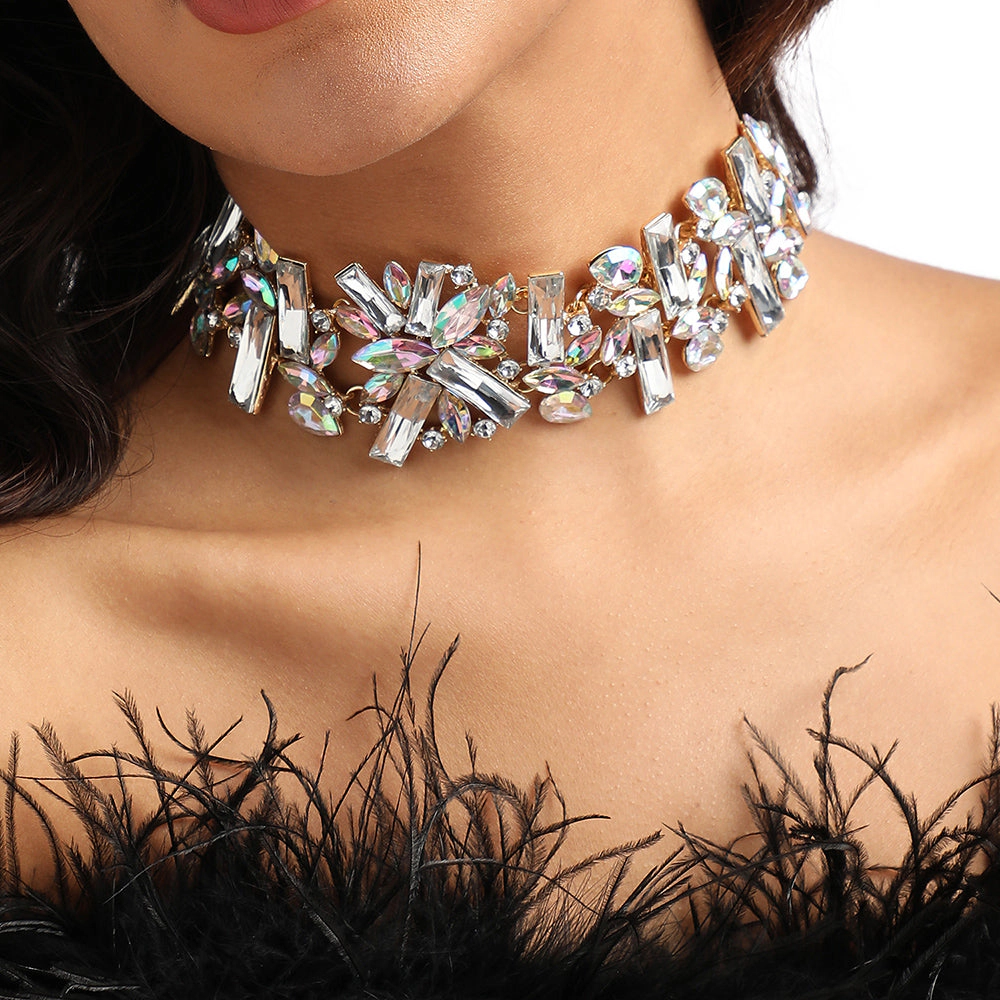 SOHI Women's Crystal Silver Chunky Crystal Choker Necklace