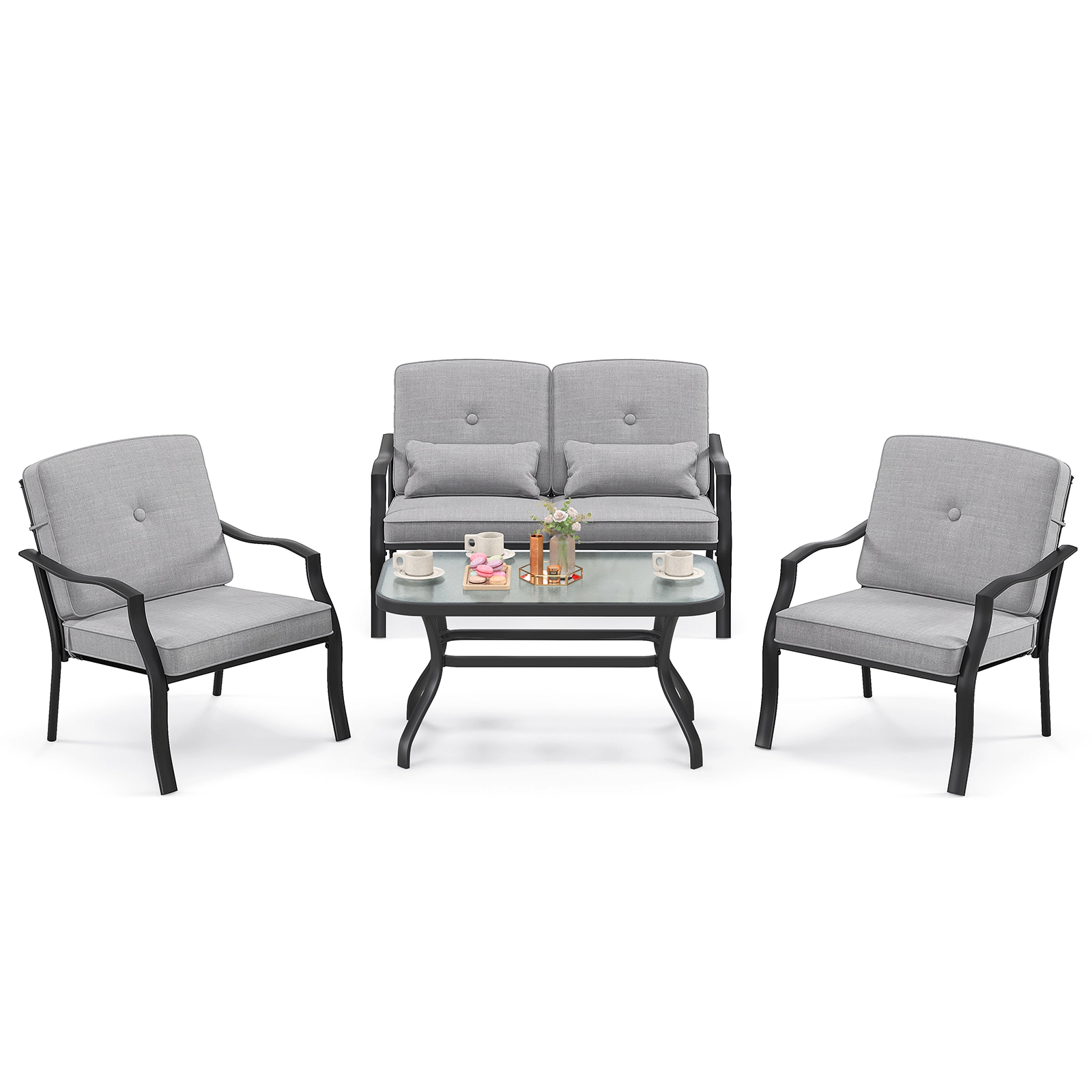 SUGIFT Gray Seat Cushions Waist Pillows and Glass Table 4-Piece Outdoor Conversation Set