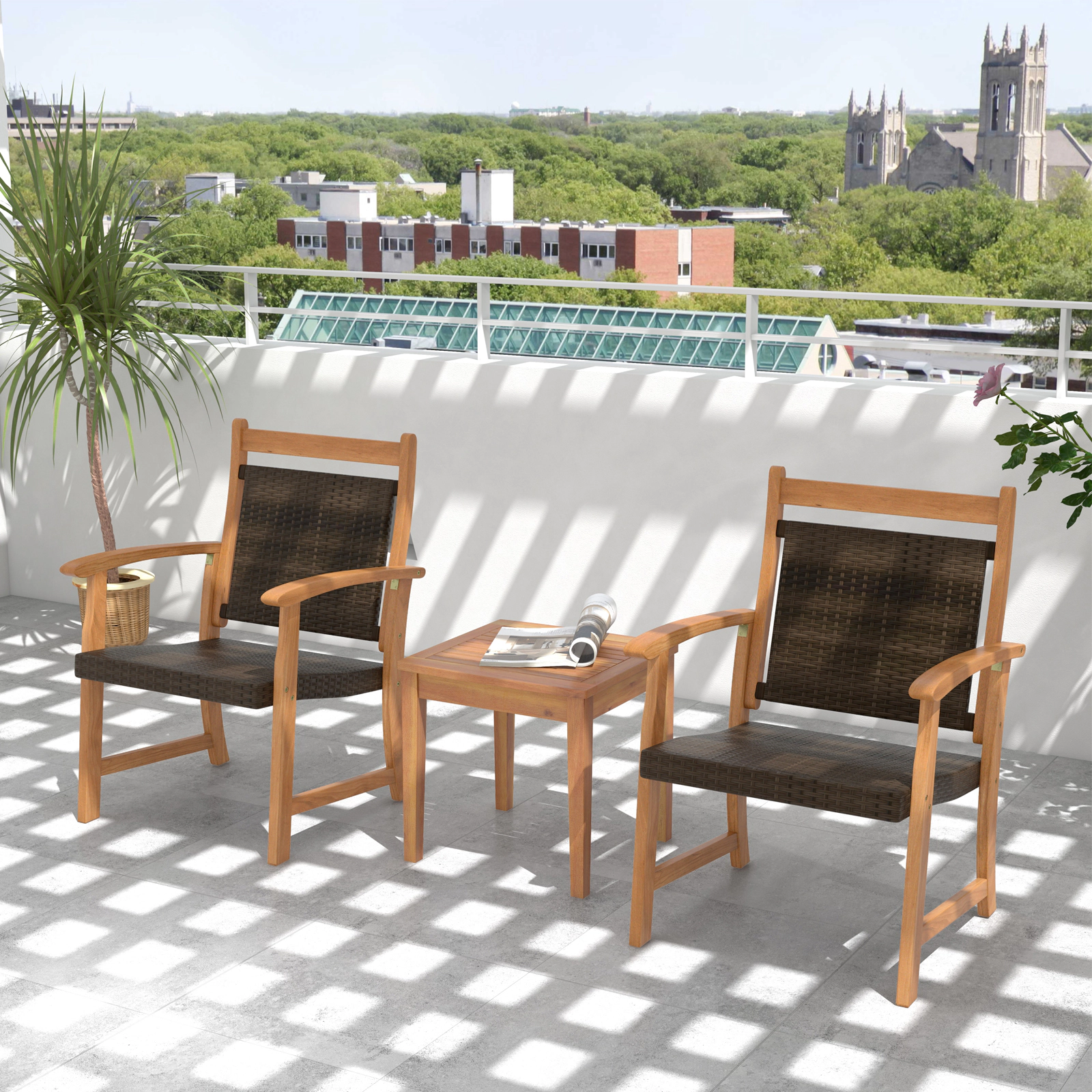 LJG 3 Pieces Rattan Bistro Set with Acacia Wood Frame for Garden