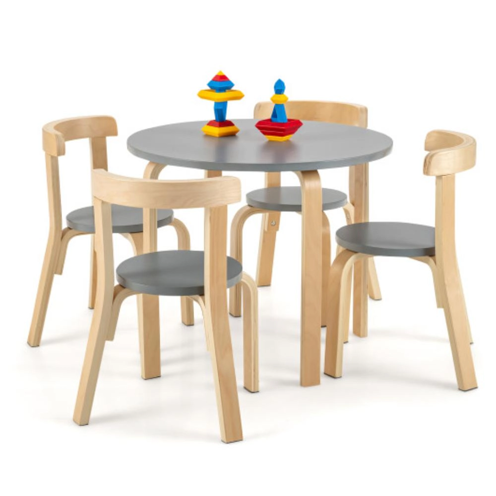 Hivvago 5-Piece Kids Wooden Curved Back Activity Table And Chair Set With Toy Bricks