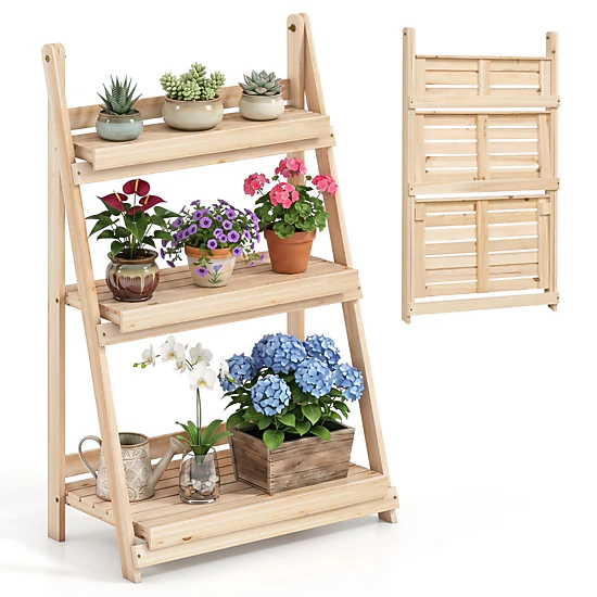 LJG 3-Tier Foldable Plant Stand with Slatted Shelves and Fir Wood Frame