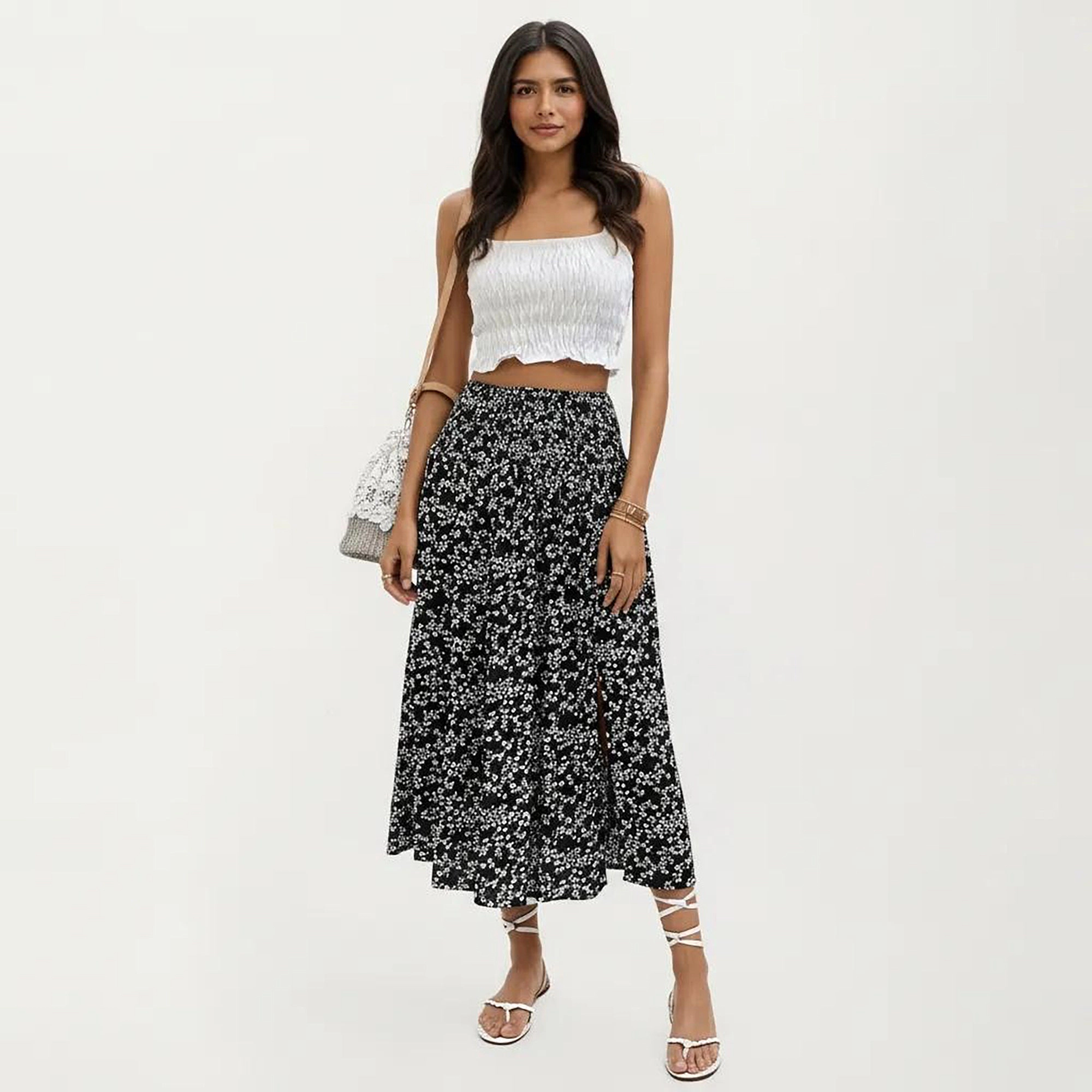 Anna-Kaci Womens High-Waist Ditsy Floral Midi Skirt with Side Slit