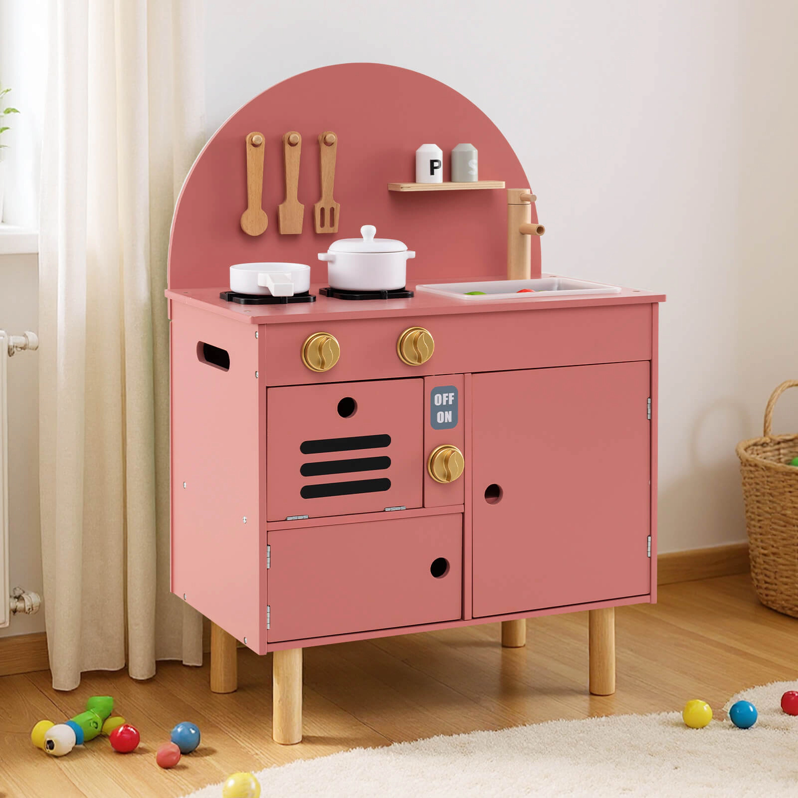 Costway Play Kitchen for Kids with Stoves Faucet Sink Microwave Oven Cooking Accessories Pink