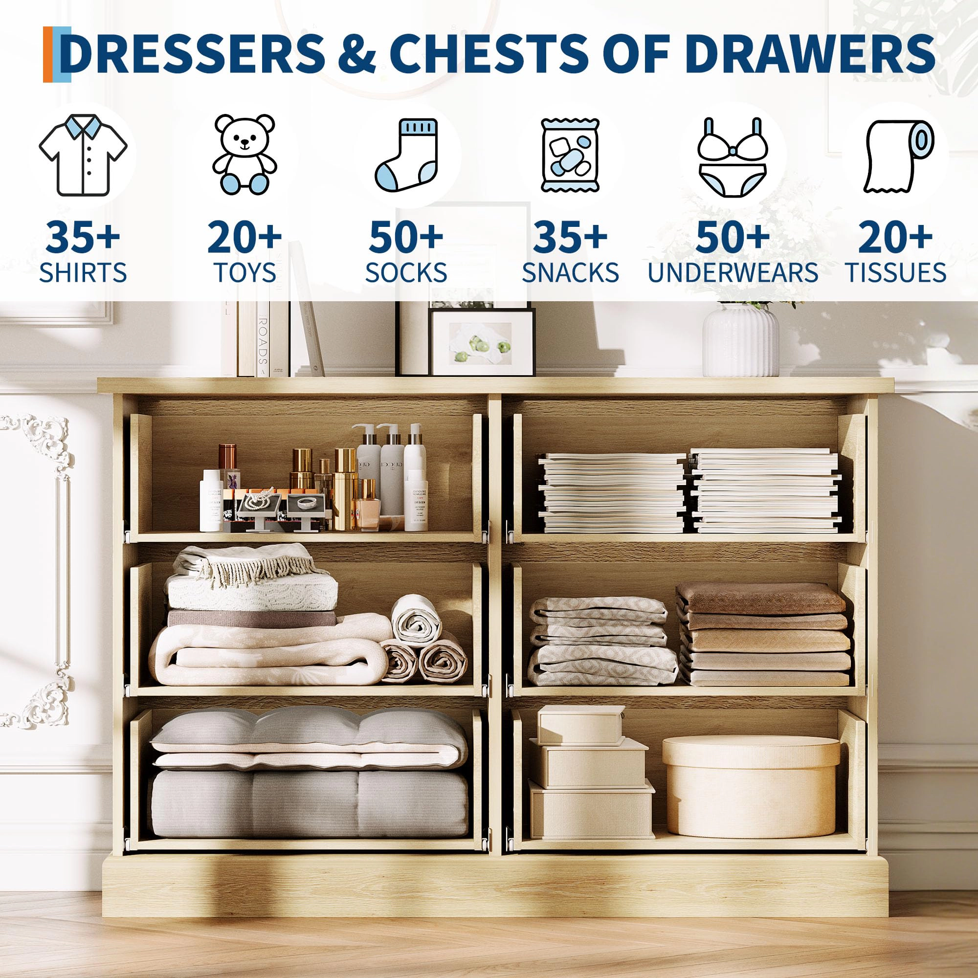 6 Drawer Fluted Dresser, 47" Wide Modern Wood Storage Chest with Metal Handles for Bedroom Apartment