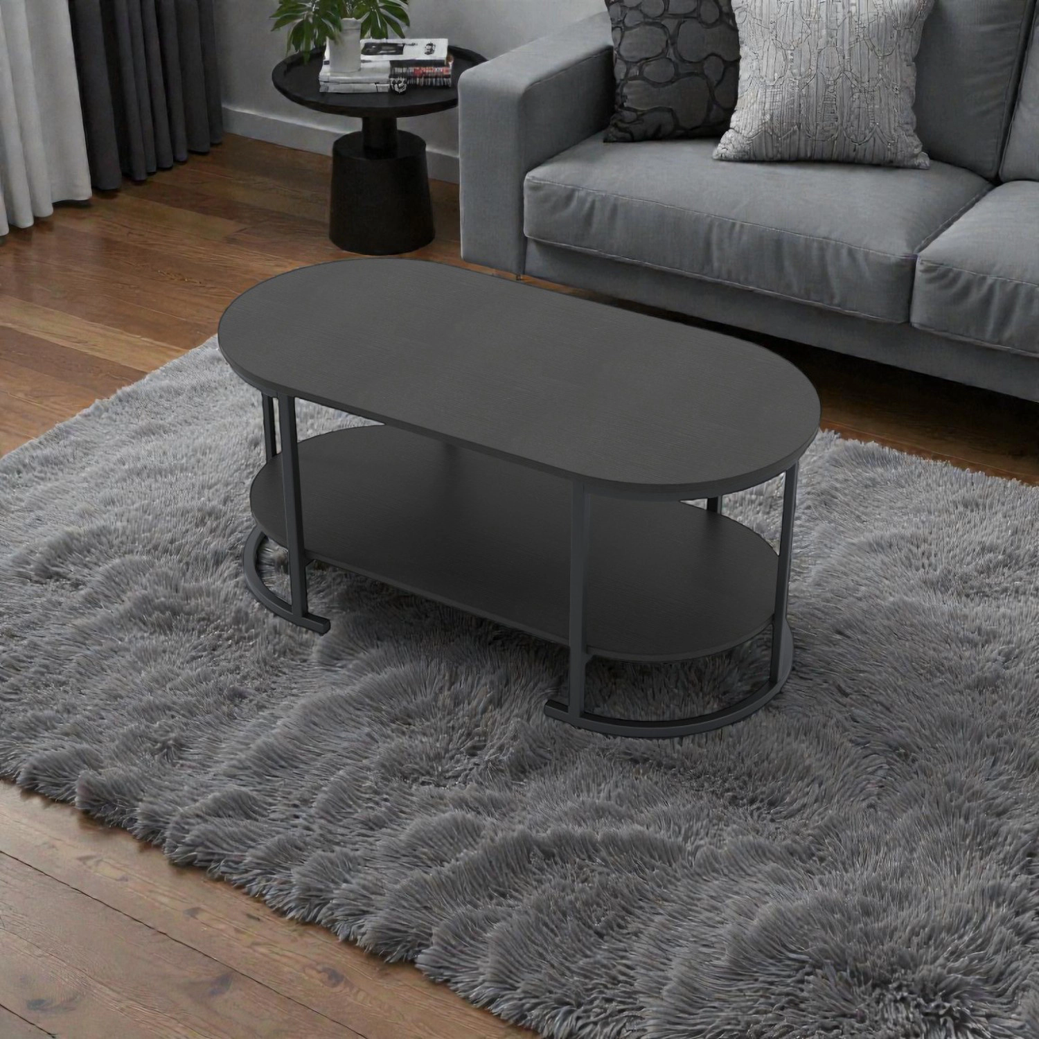 Hivvago Spacious Two-Layer Wooden Coffee Table with Oval Top and Storage Shelf