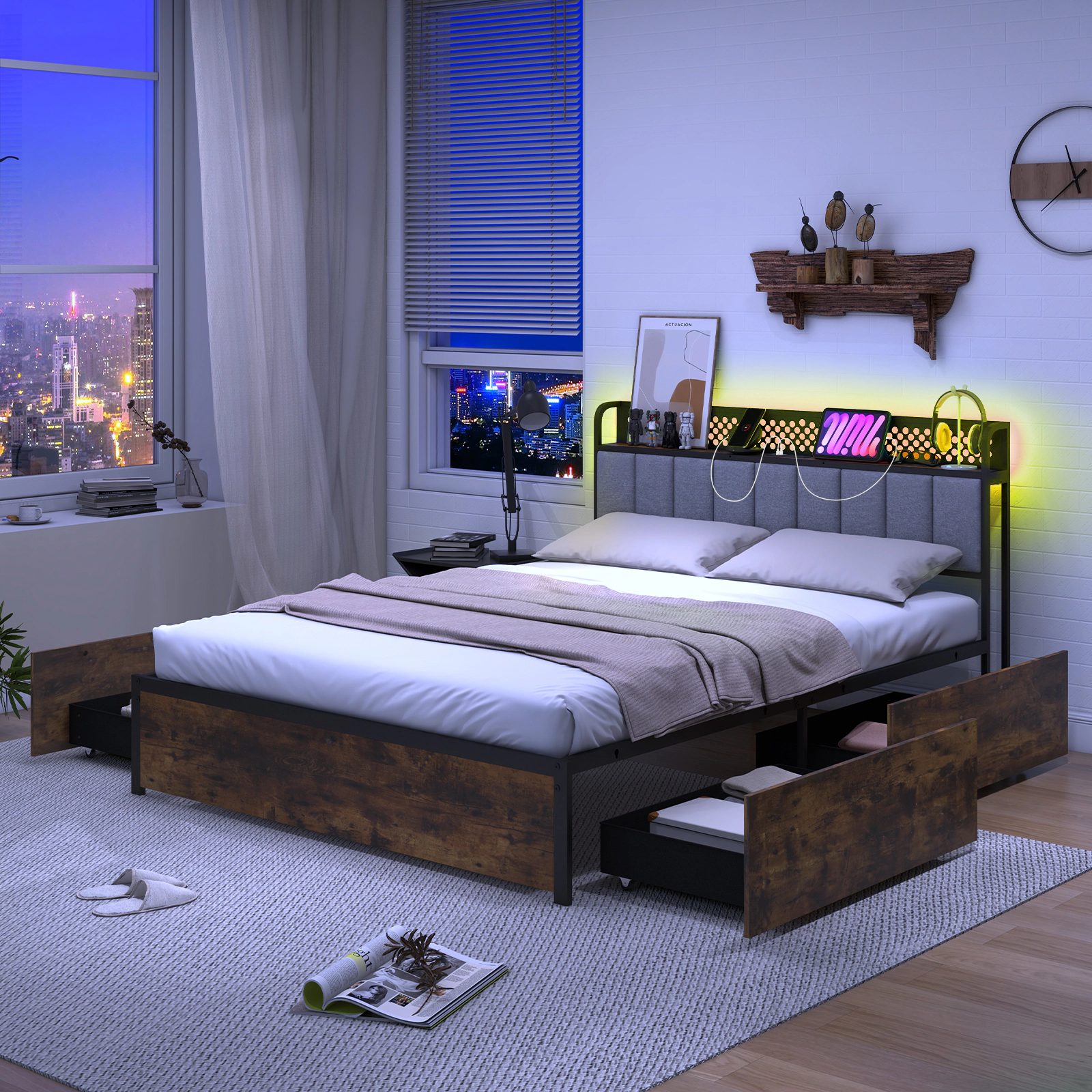 SUGIFT Full Size Storage Bed with 4 Drawers, LED Headboard, Rustic Brown