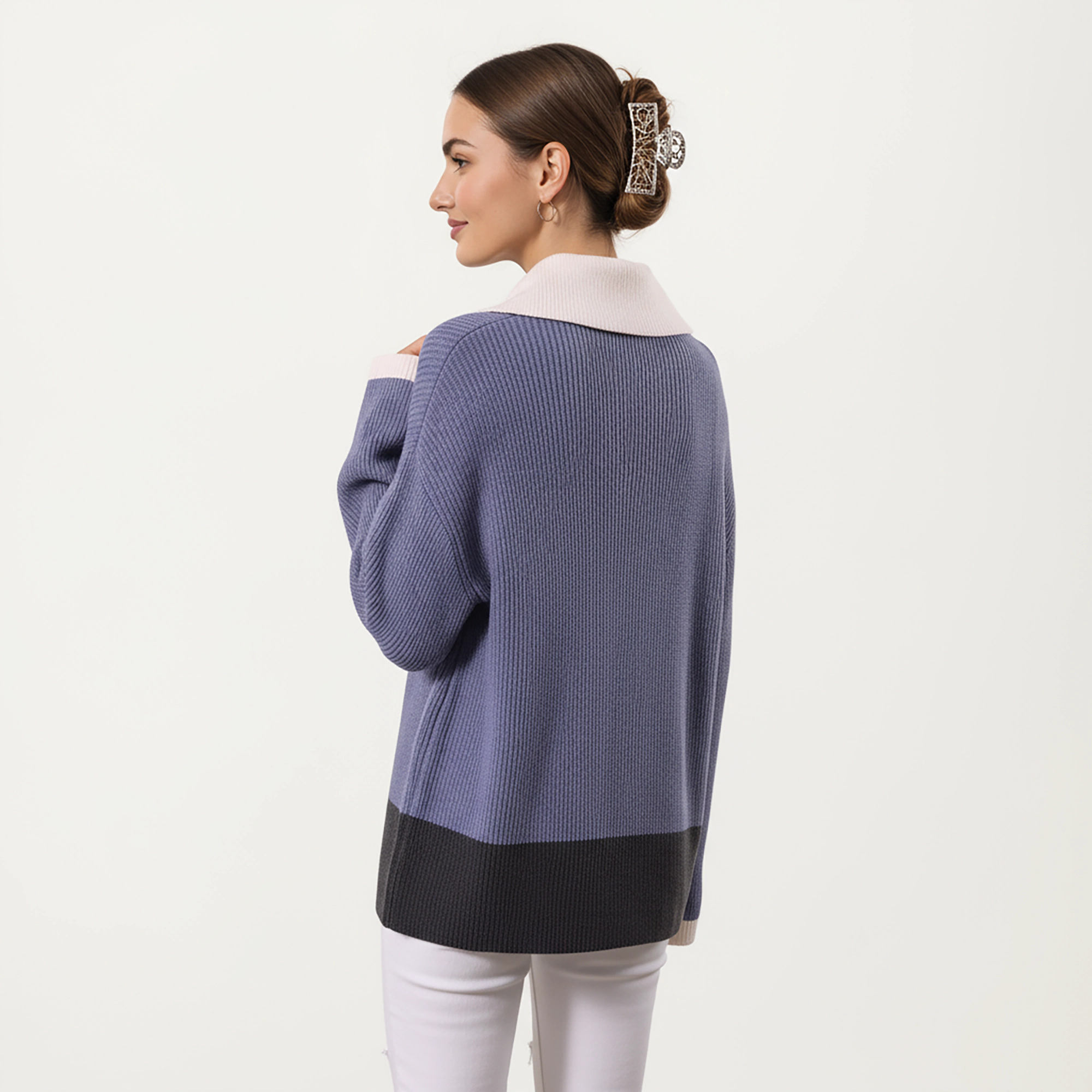 Anna-Kaci Women's Ribbed Half Zip Foldover Collar Contrast Hem Long Sleeve Knit Top