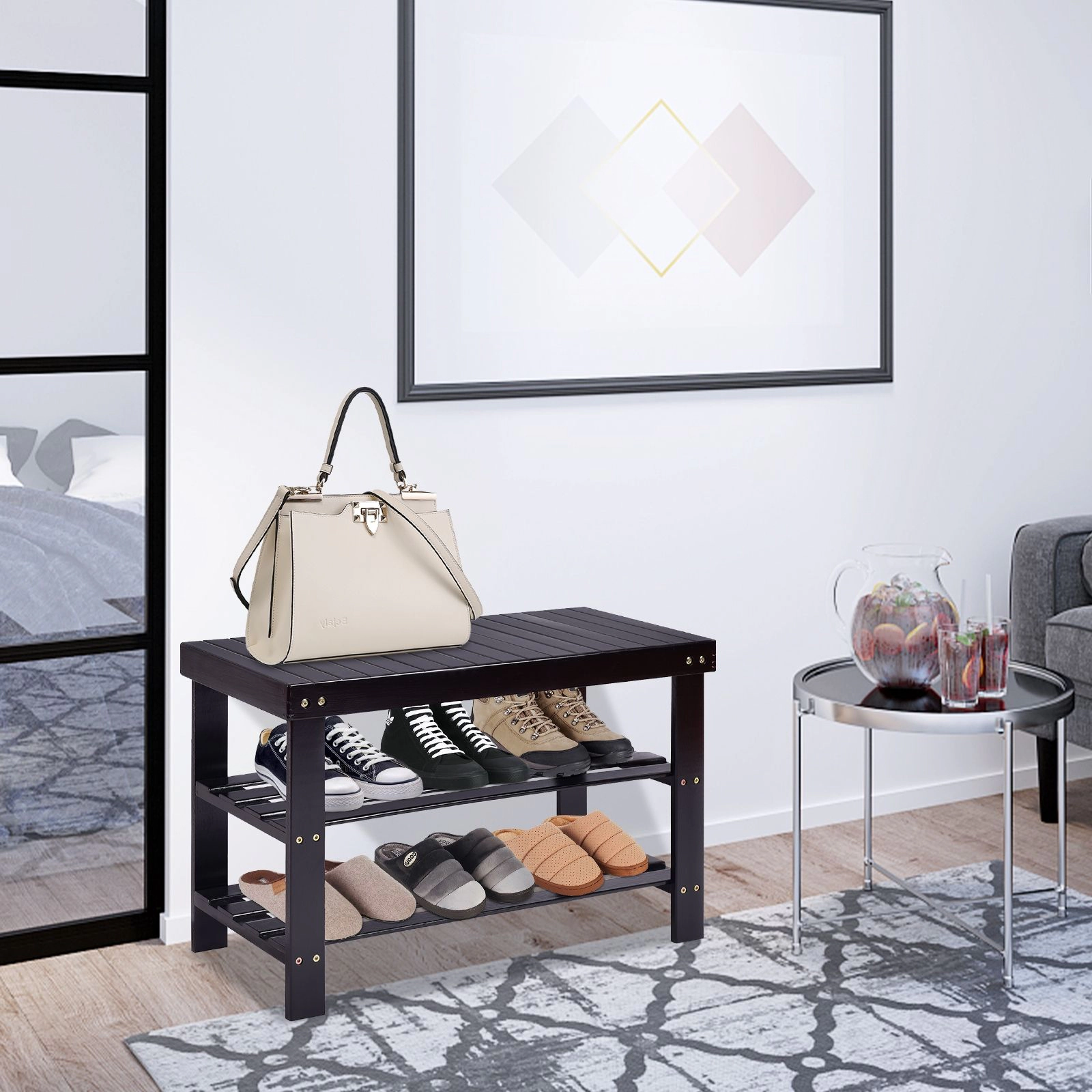 SlickBlue Black Entryway Shoe Bench with Seat and Storage Organizer