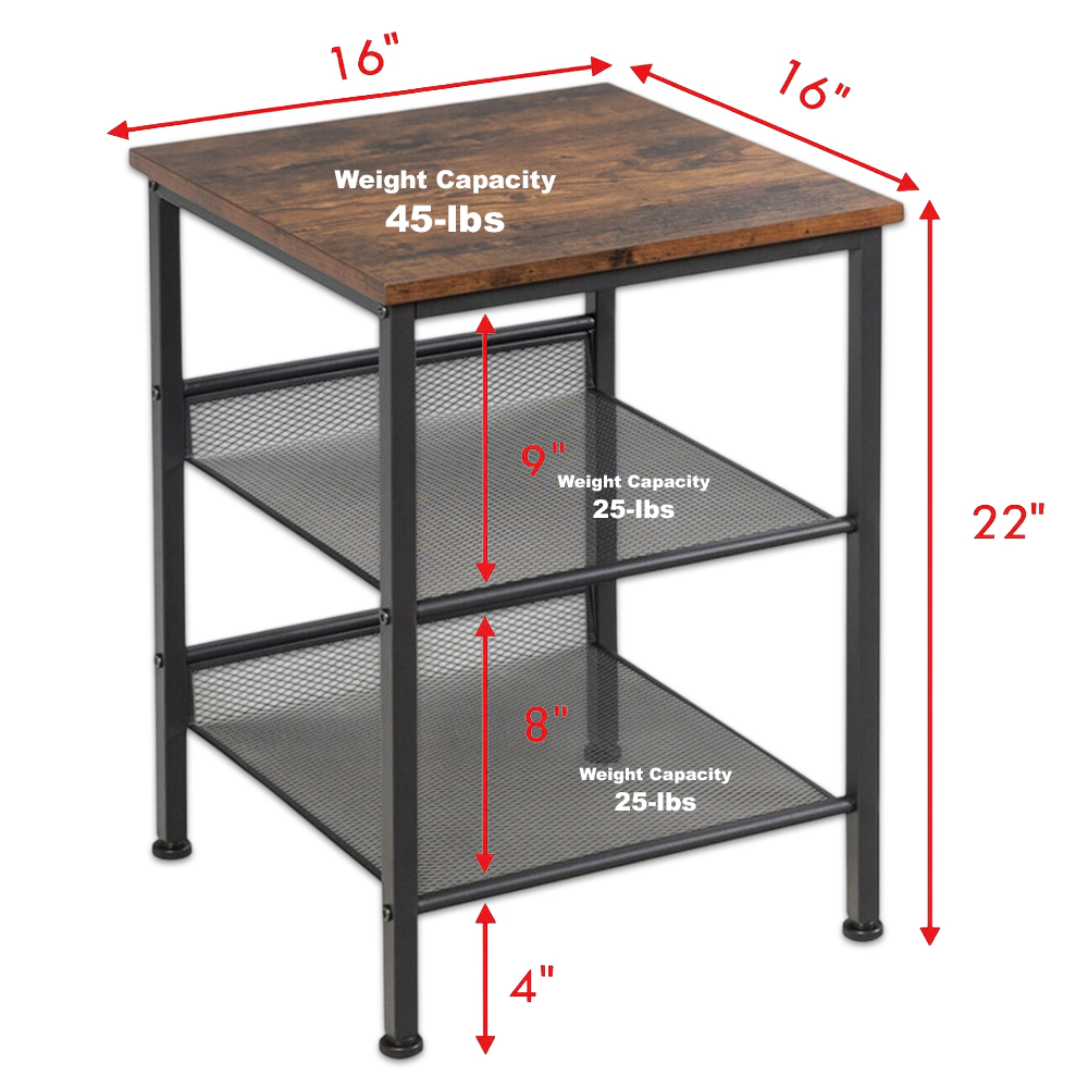 Hivvago 3-Tier Industrial End Table with Mesh Shelves