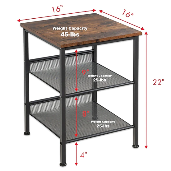Hivvago 3-Tier Industrial End Table with Mesh Shelves