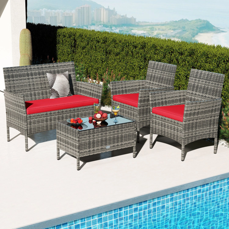 Hivvago 4 Pieces Patio Rattan Conversation Set With Tempered Glass Coffee Table