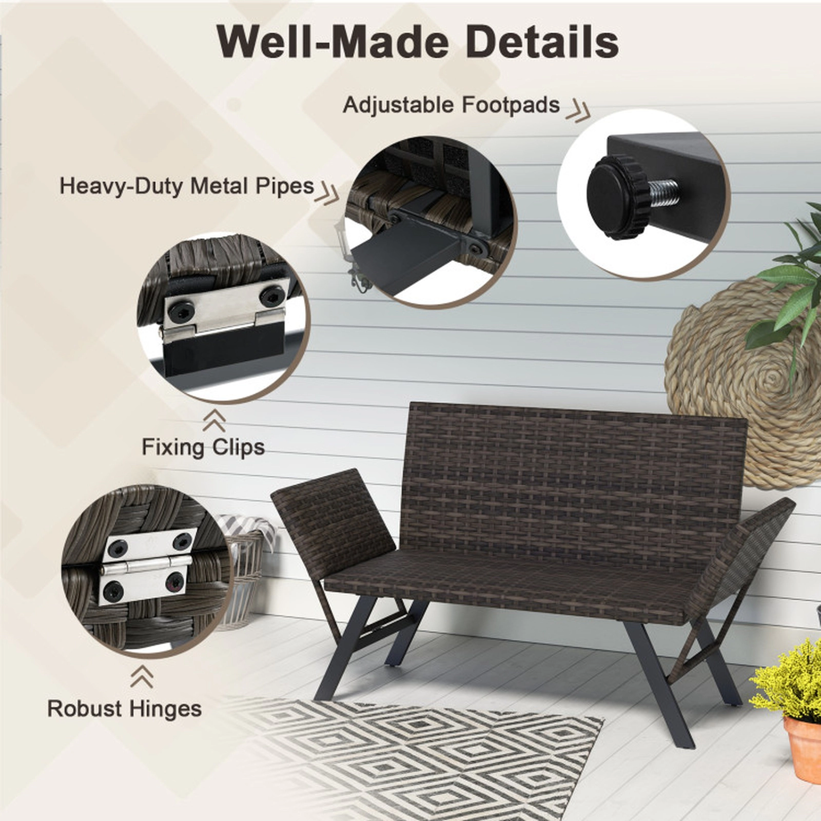 SUGIFT 660 lb 2-Seat Convertible Outdoor Loveseat Daybed, PE Rattan, Quick-Dry Foam