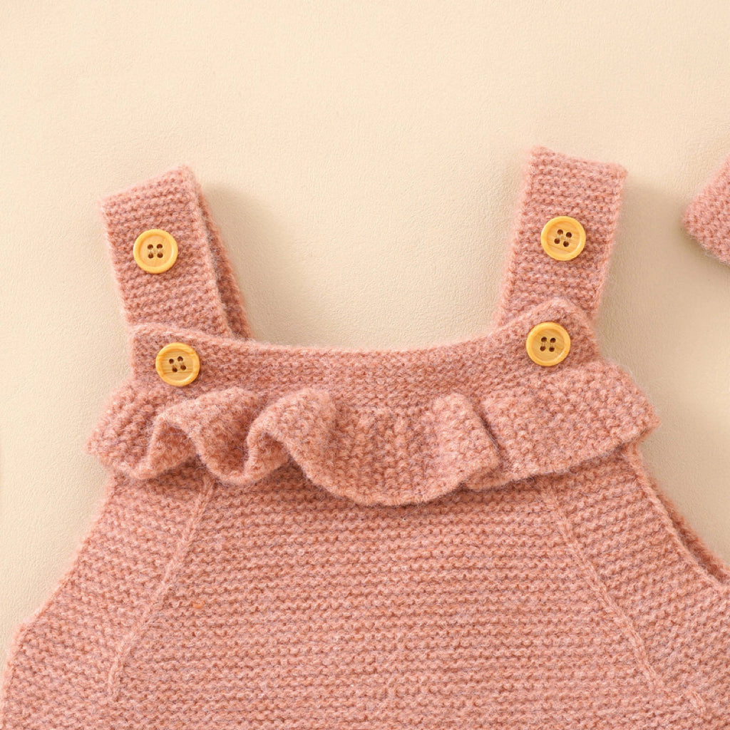 MyKids-USA Baby Girl Solid Color Ruffle Design Knit Romper With Headband