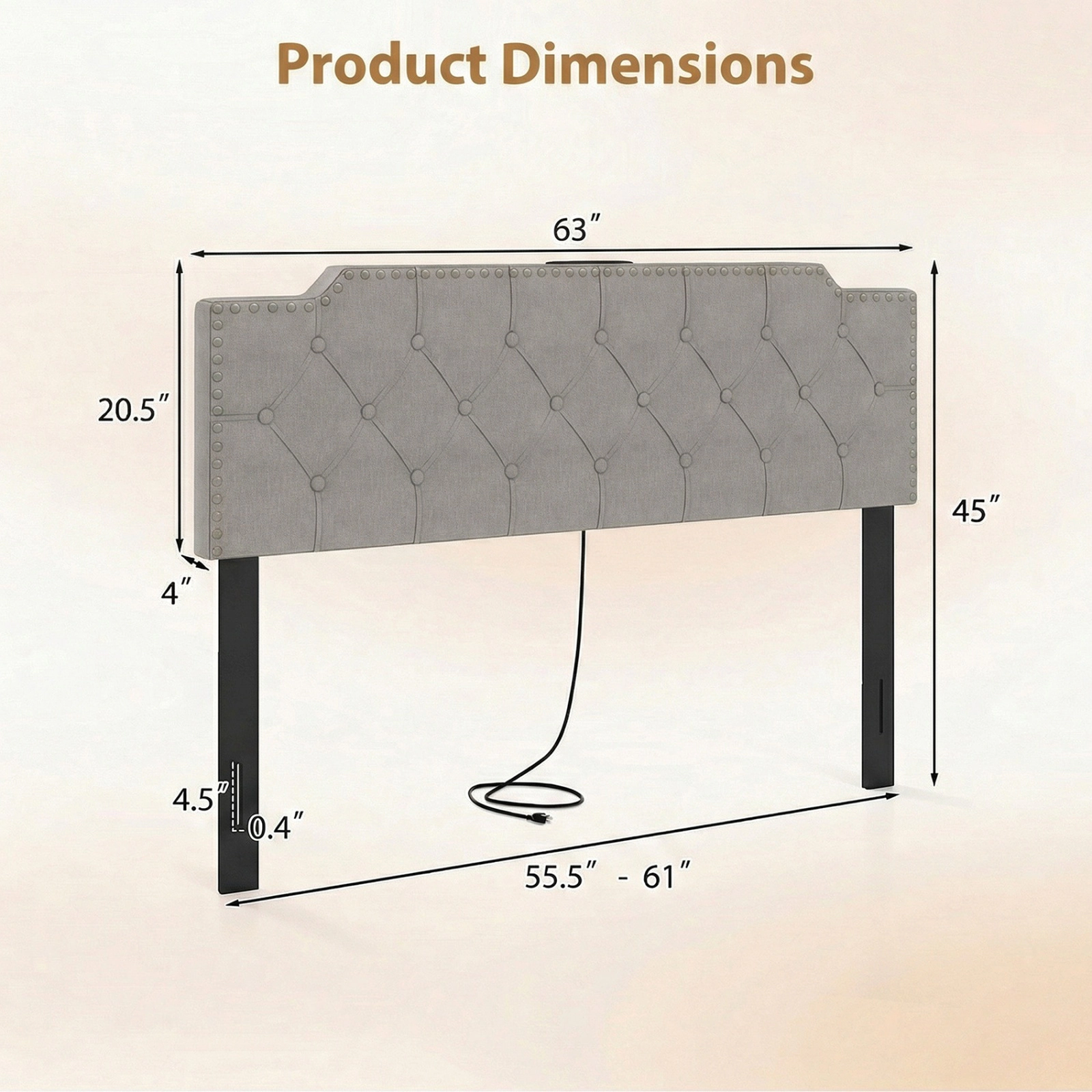 SUGIFT Gray Rivet-Tufted Headboard with Charging Station, Full/Queen