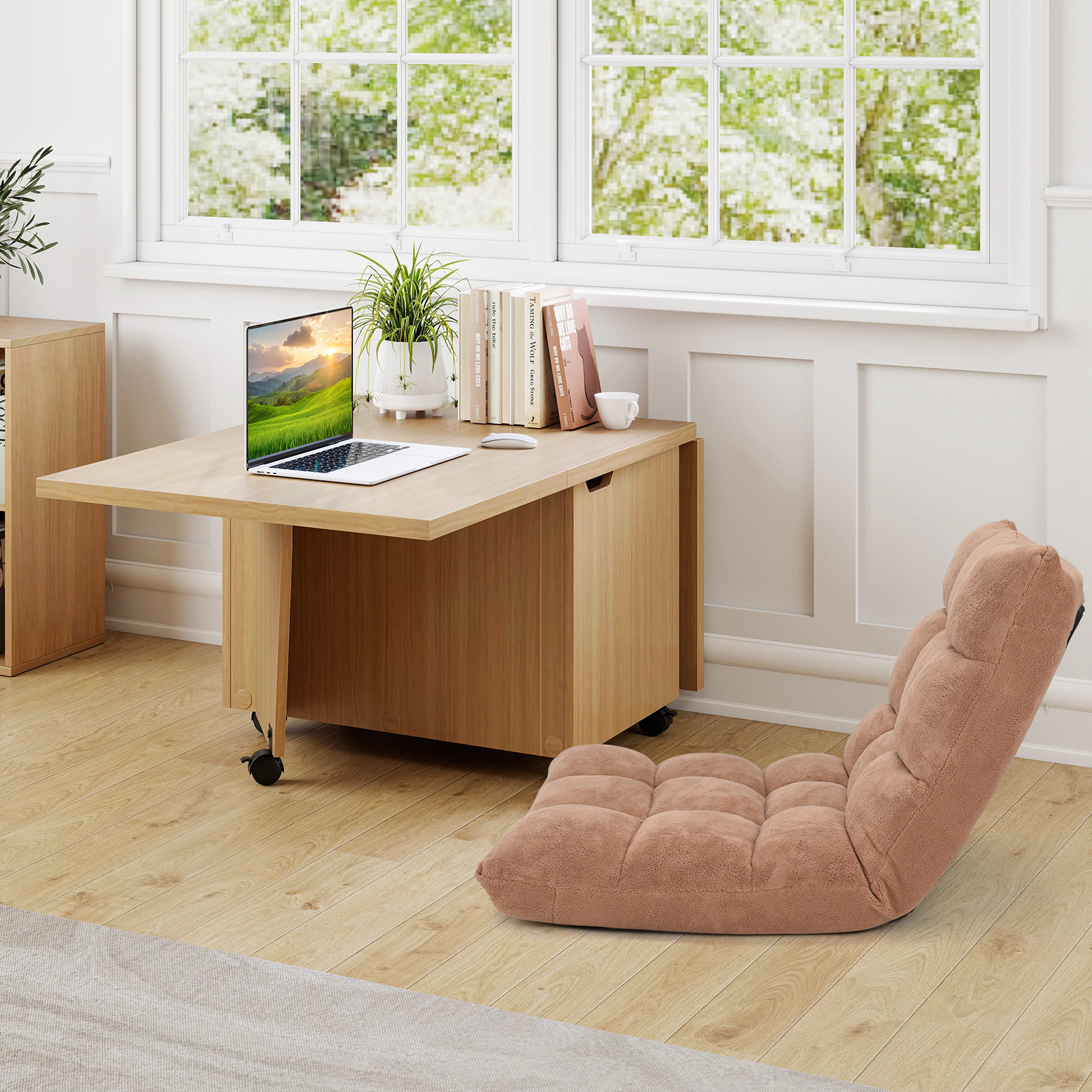 LJG Foldable Coffee Table with Storage Cabinet Extendable Center