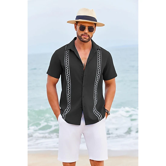 COOFANDY Mens Short Sleeve Button Down Shirt Lapel Collar Zigzag Stripe Casual Tops
