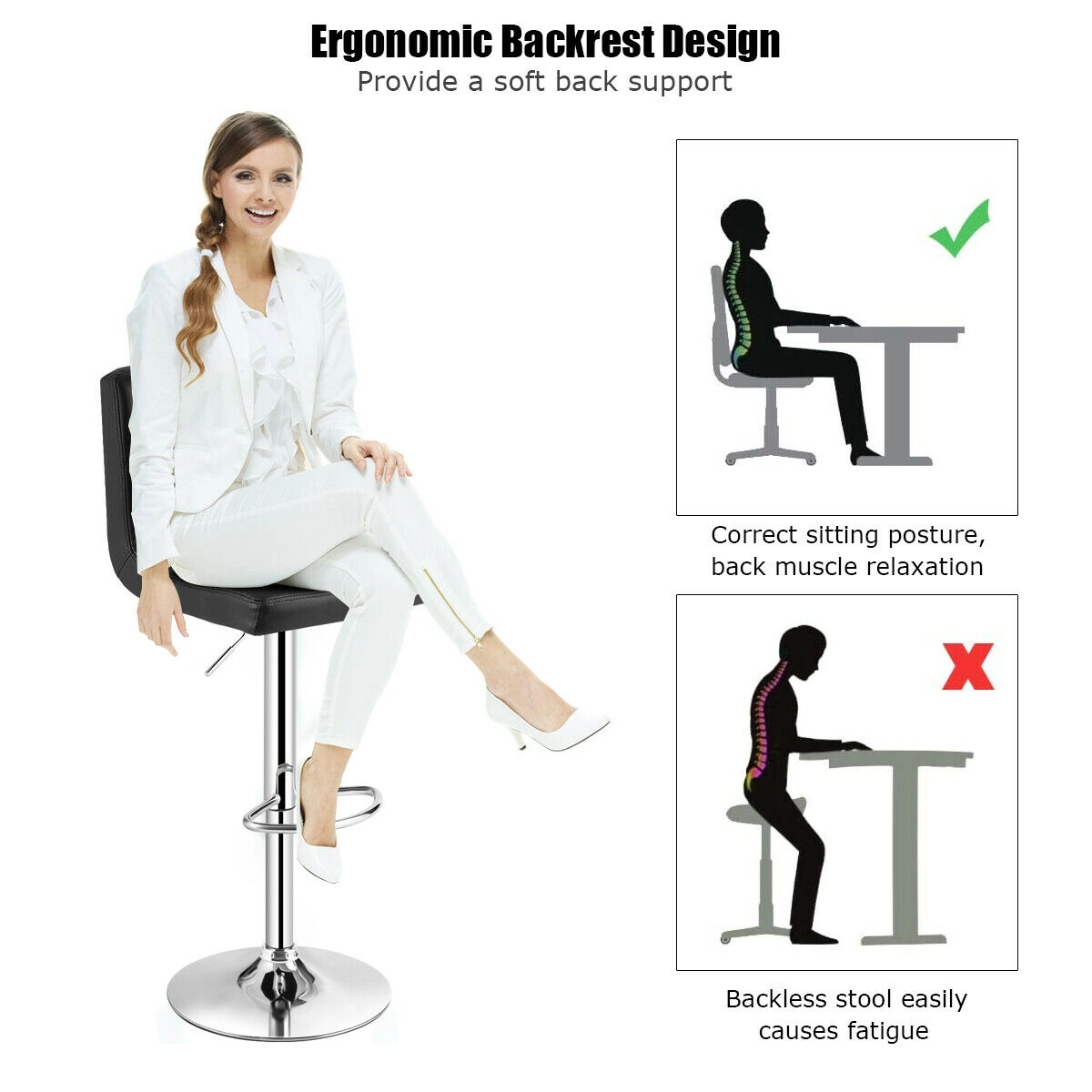 SUGIFT PU Leather Back and Footrest Set of 2 Square Swivel Adjustable Bar Stools