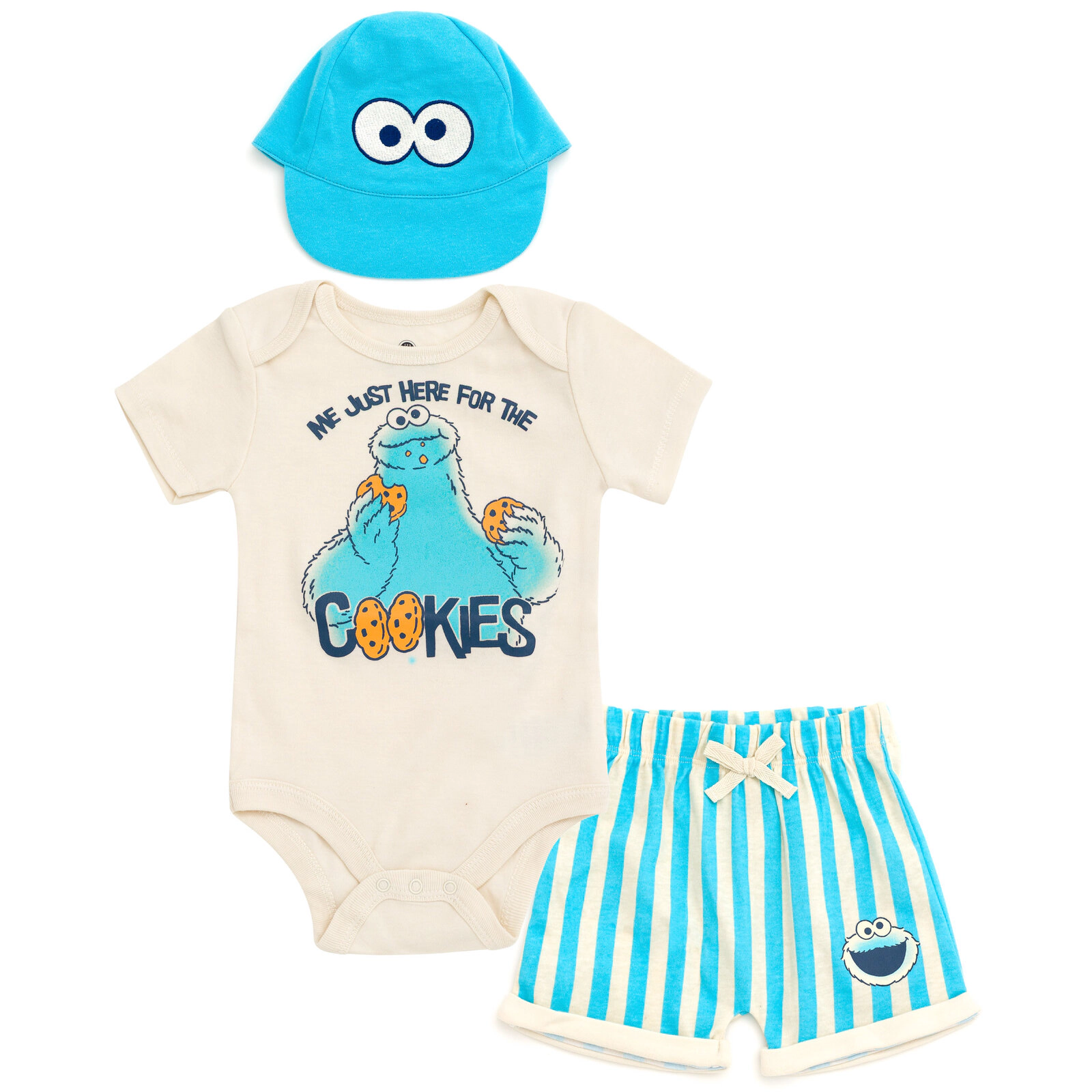 Sesame Street Cookie Monster Baby Short Sleeve Bodysuit and Bottoms Set with Hat