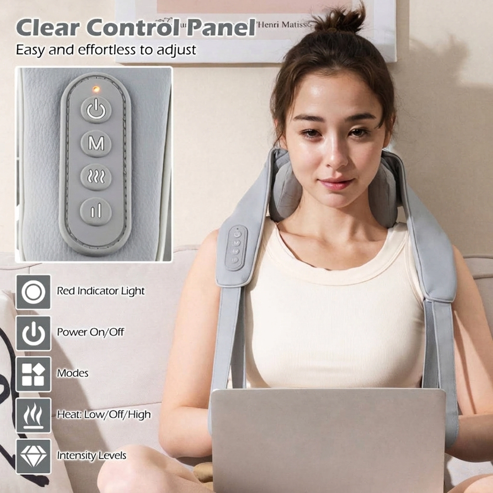 SUGIFT 4D Deep Tissue Shiatsu Neck Shoulder Massager with Heating Pulling Handles and Adjustable Straps Cordless Gray