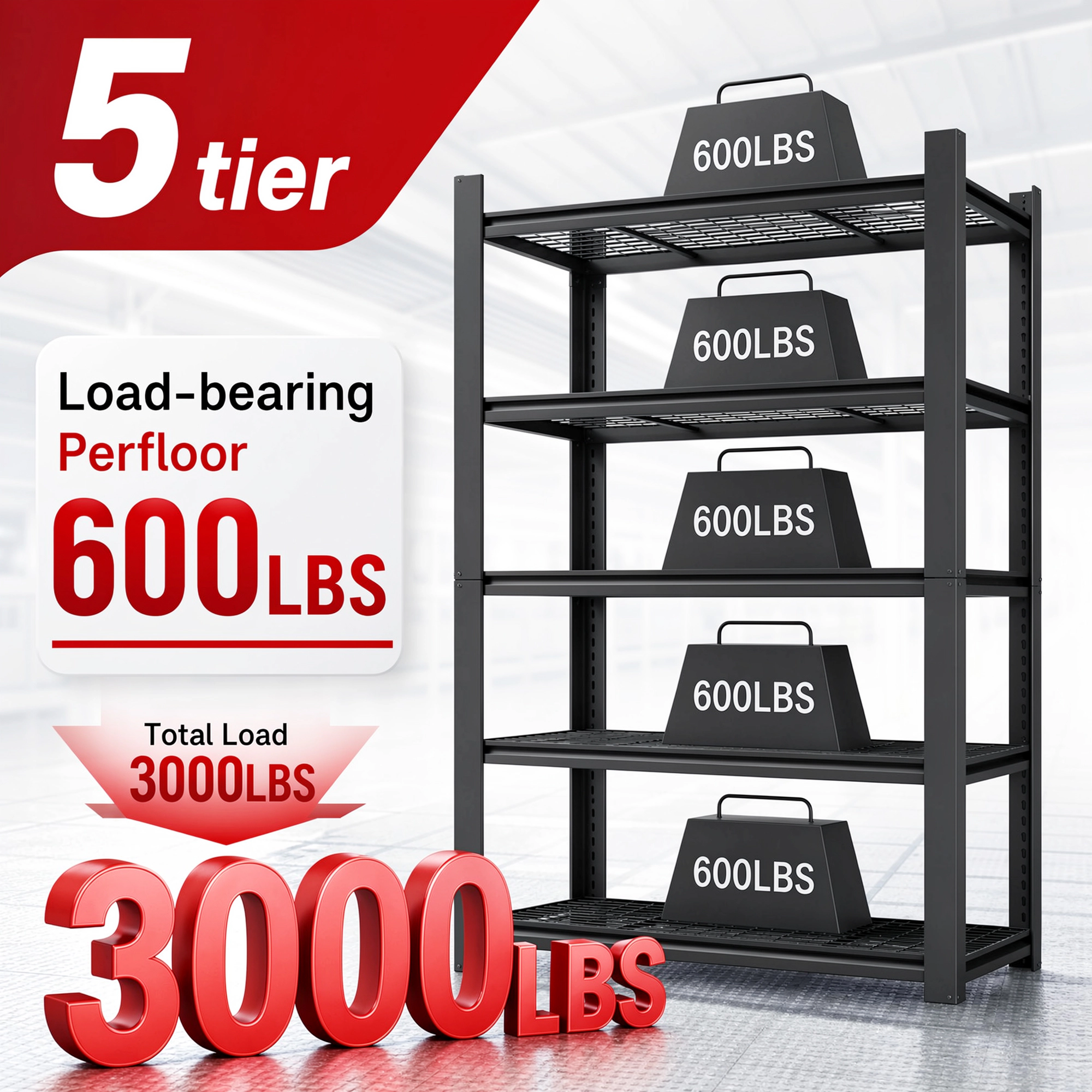 Flynama 5-Tier Metal Mesh Storage Rack, 48x18x78in, 3000lbs Heavy Duty Shelf Organizer for Pantry, Garage, Kitchen