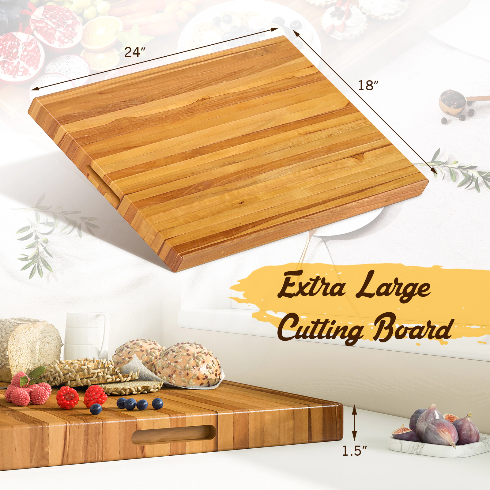 SUGIFT Natural 24-in Extra Large Teak Wood Reversible Butcher Block Cutting Board with Handles for Kitchen