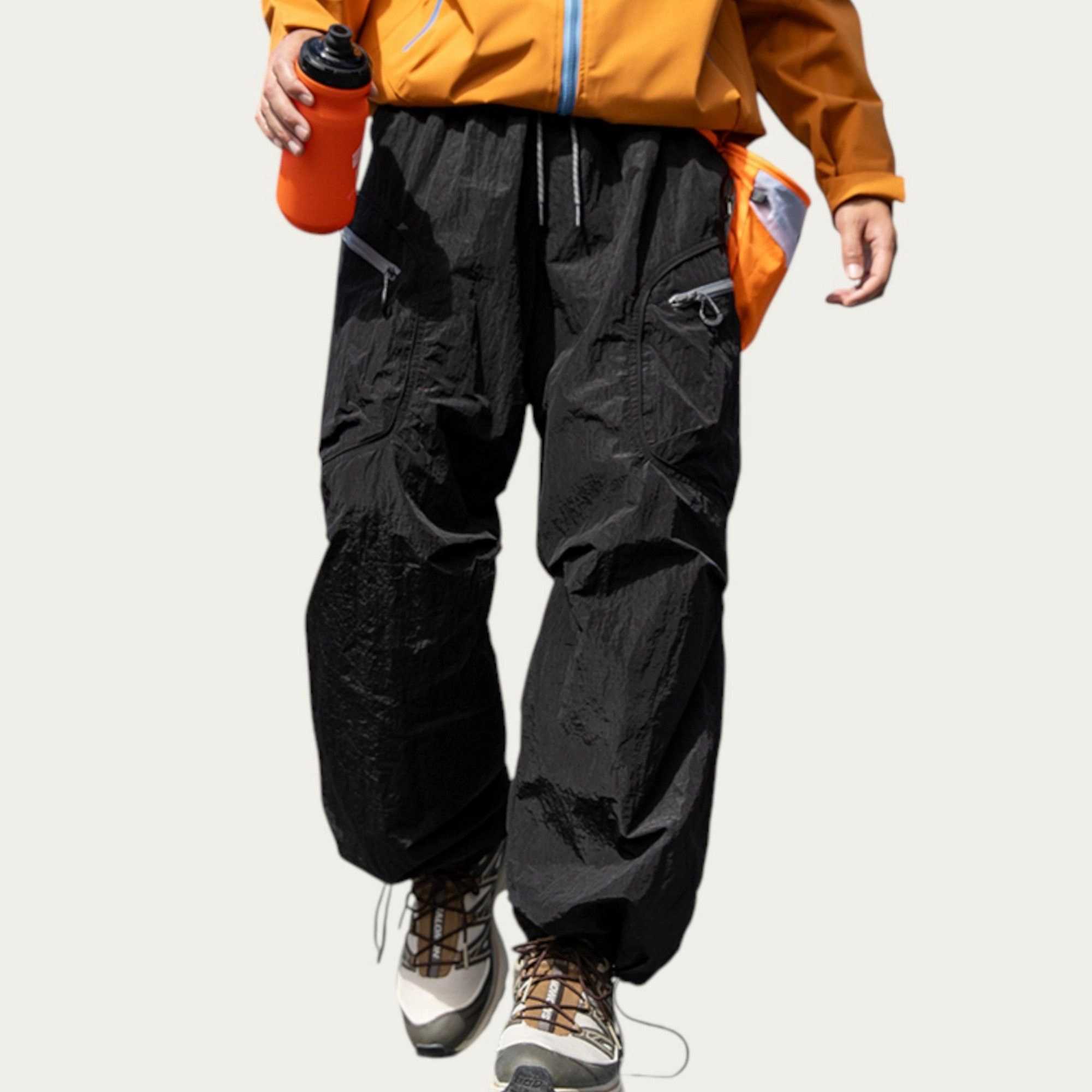 Anna-Kaci Men's Textured Wide-Leg Cargo Pants with Zipper Pockets and Adjustable Drawstring Waist