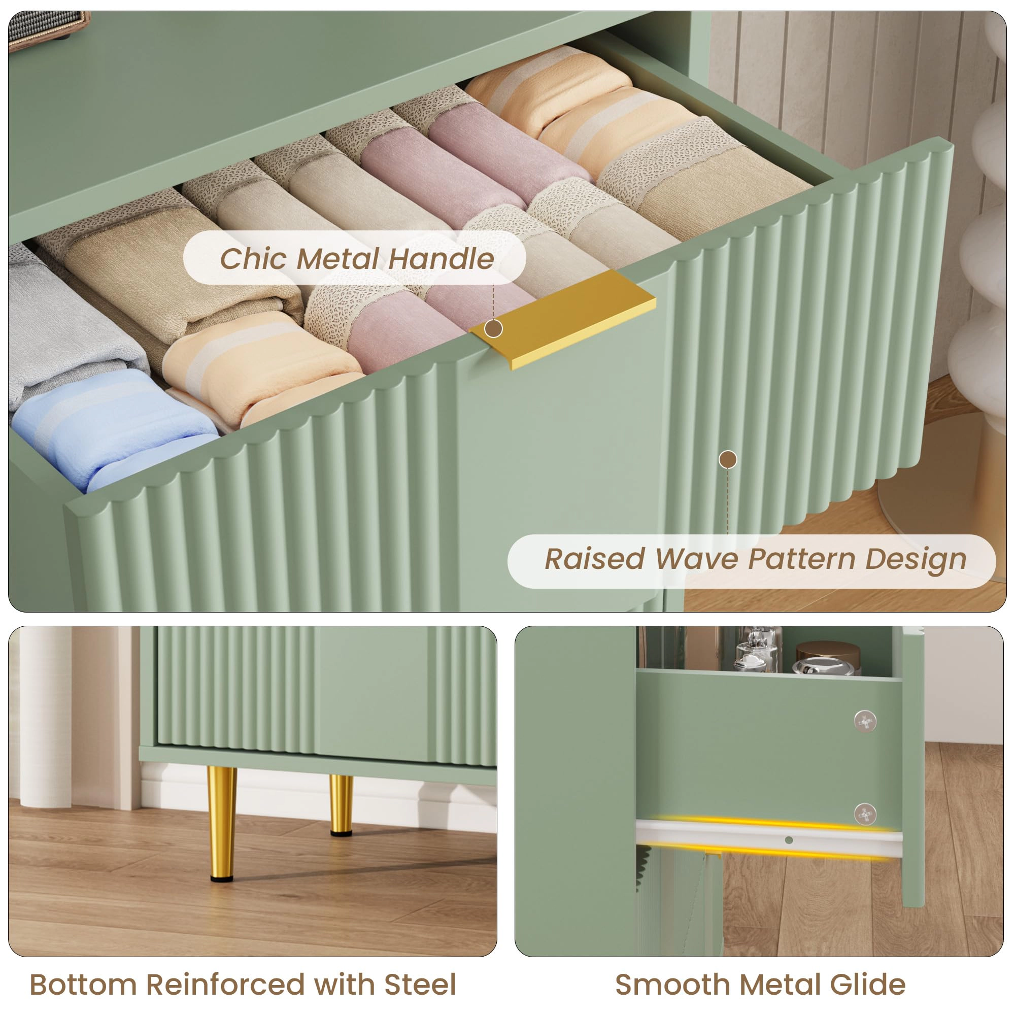 44.3" Tall Fluted 5 Drawer Dresser with Metal Handles, Modern Wood Storage Chest