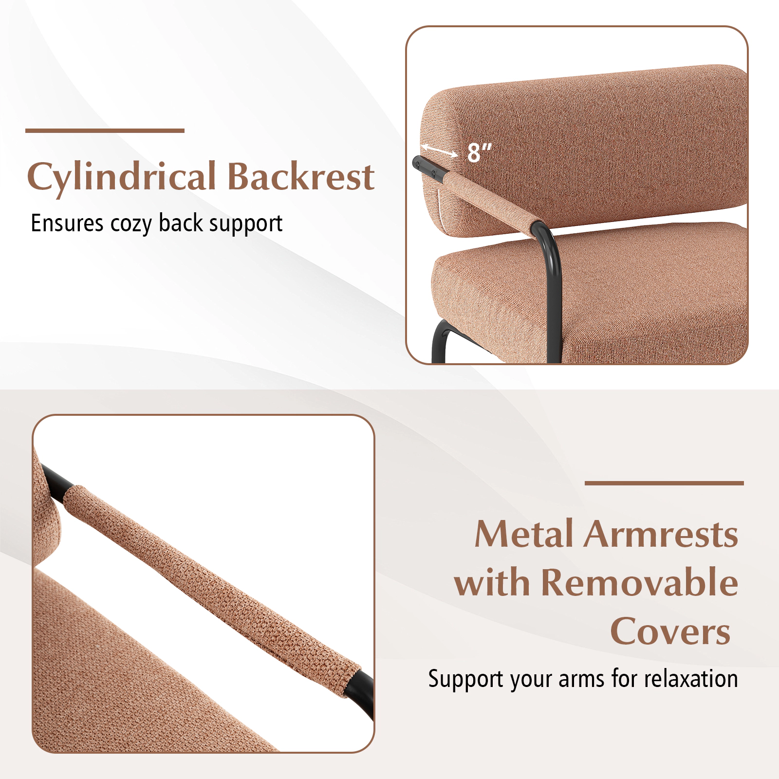 SUGIFT Velvet Upholstered Accent Chair Cylindrical Backrest & Metal Armrests 27.5-in Wide Frame 330-Lb Capacity Brown