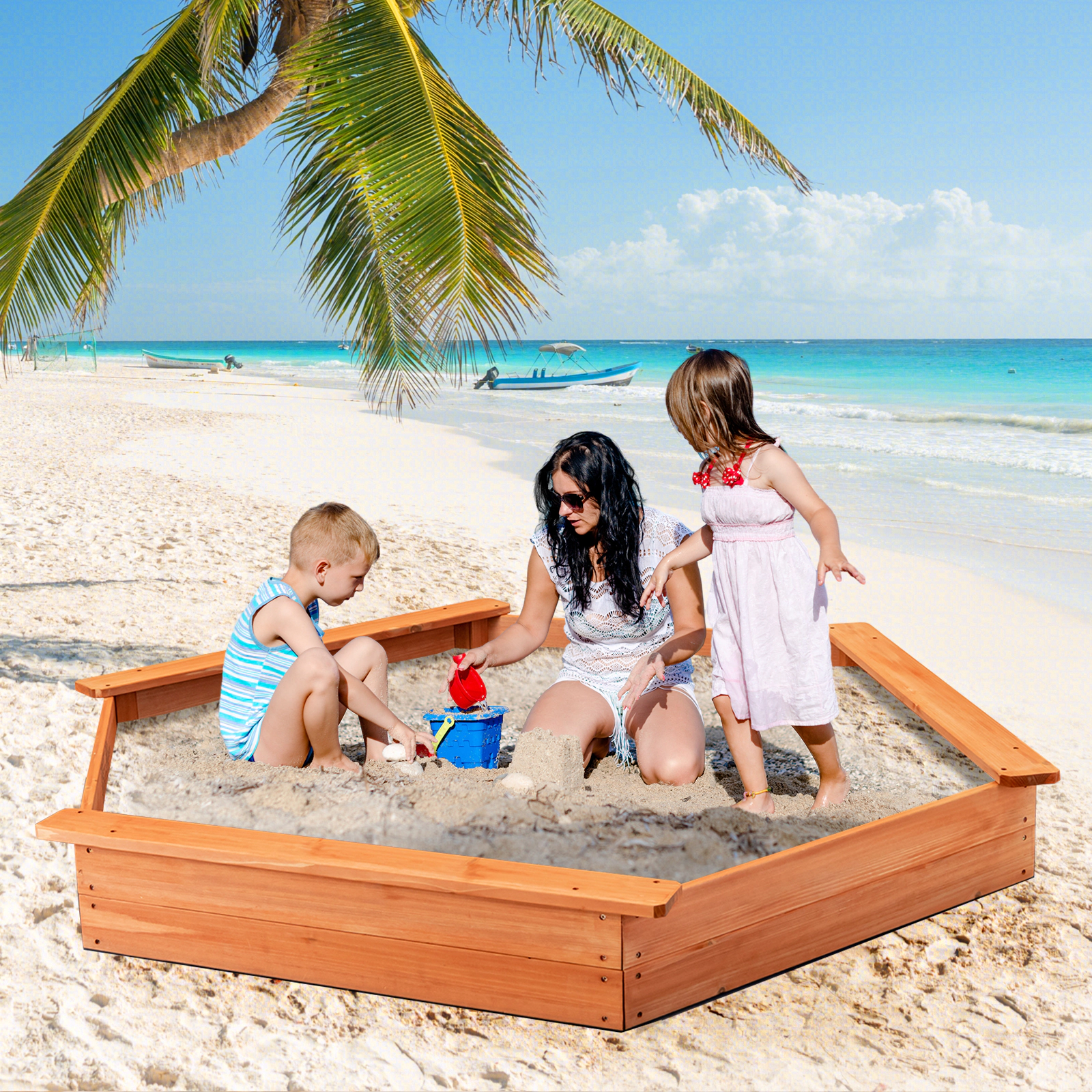 LJG Kids Hexagon Wooden Cedar Sand Box with Seat Boards
