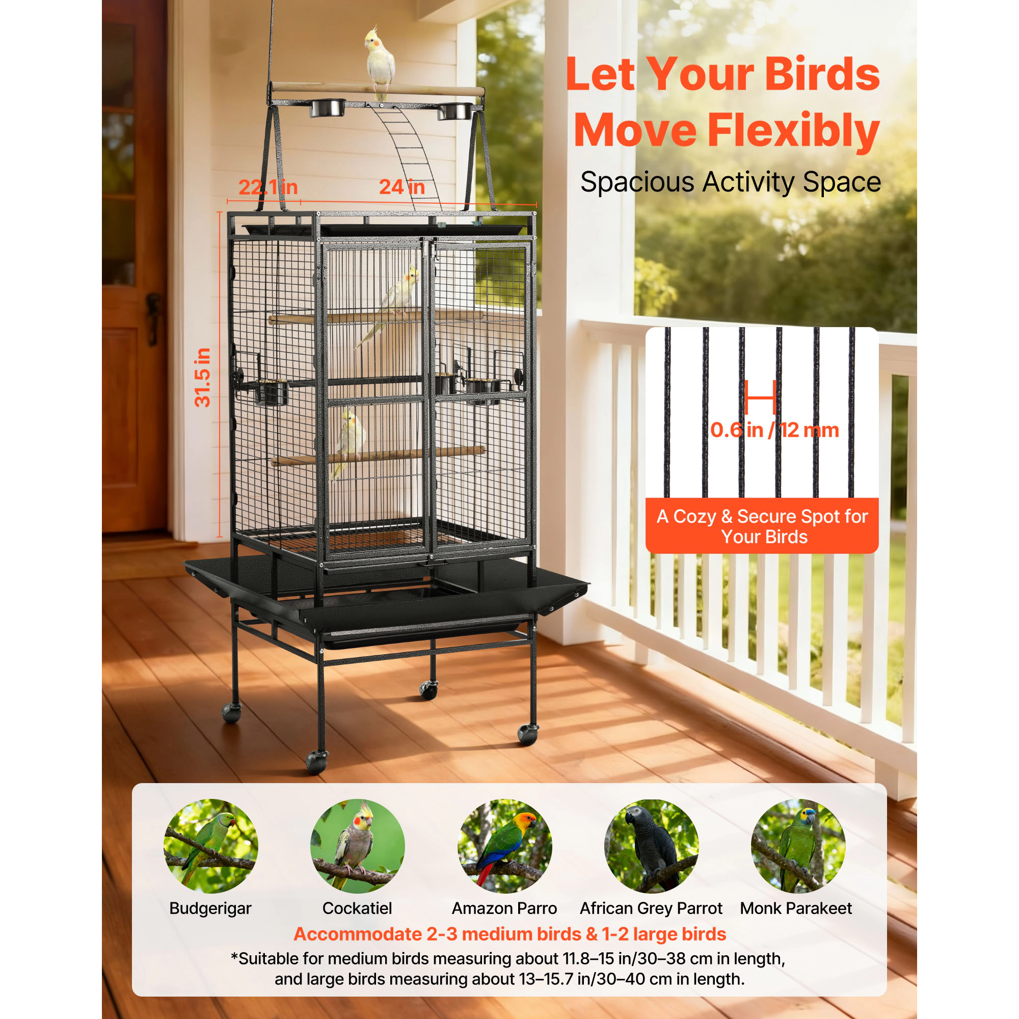 HONGGE Wrought Iron Bird Flight Cage, 32.7"L x 31.1"W x 82.7"H, Open-Top Design with Rolling Casters & Slide-Out Tray