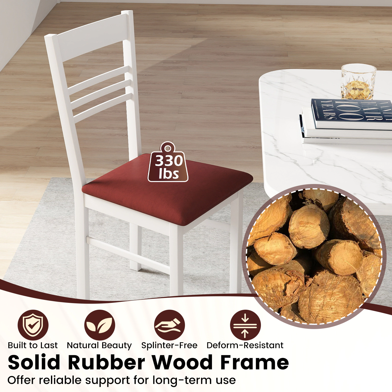 SUGIFT High-Back Rubber Wood Dining Chairs Set of 4 with Upholstered Seat 330-Lb Capacity White Frame Brown Seat