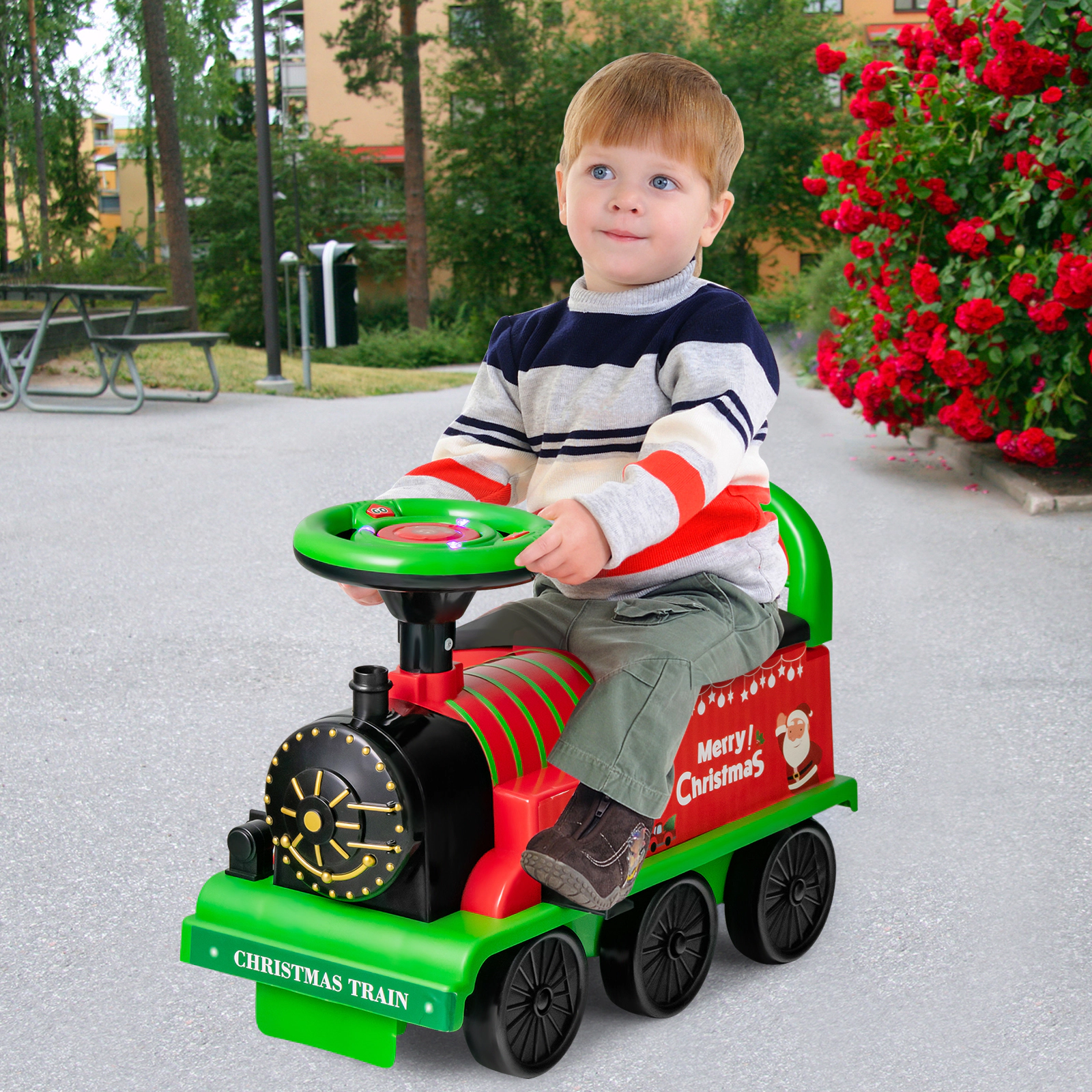 Costway 6V Electric Kids Ride On Train Motorized Train Toy w/ Track & 6 Wheels Blue