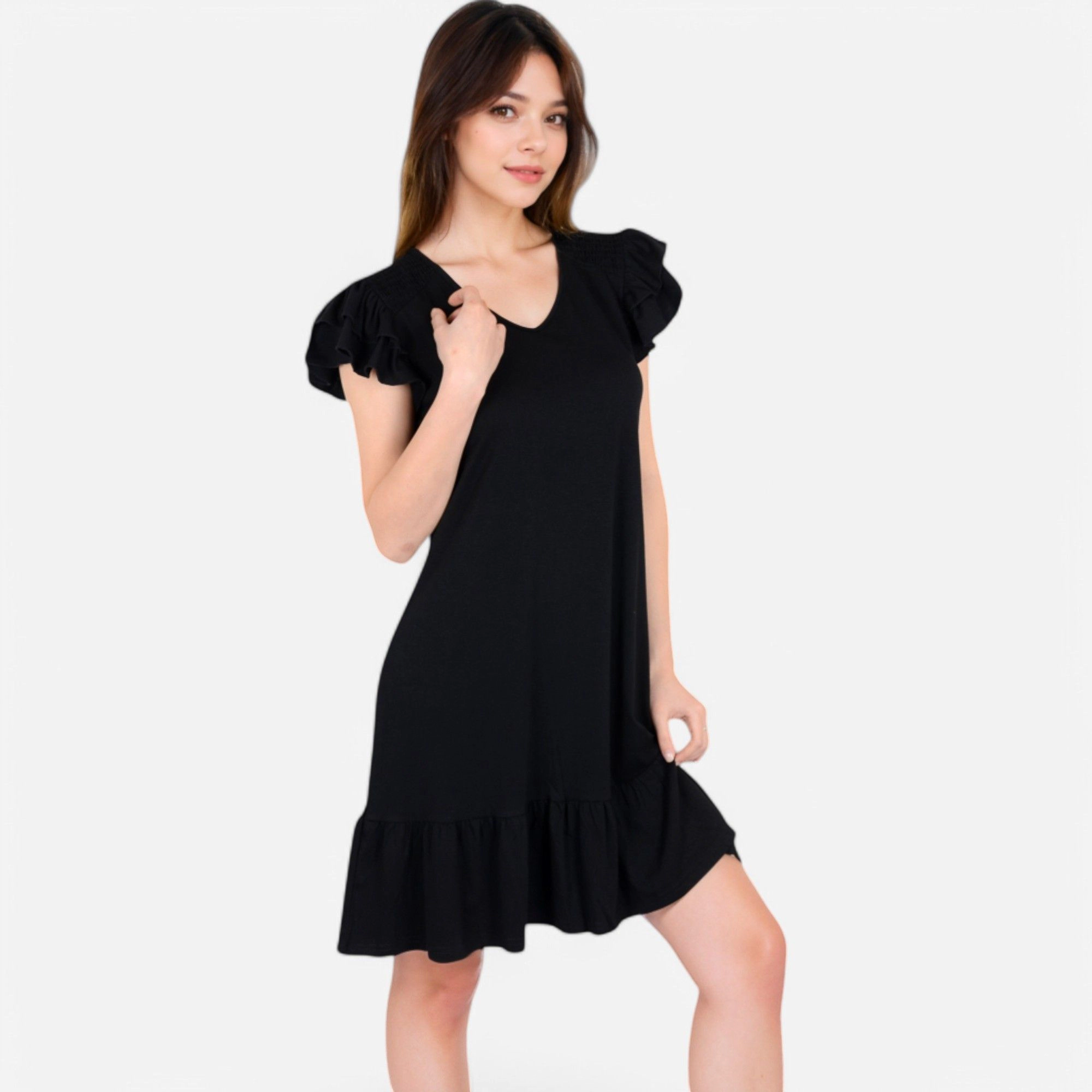 Anna-Kaci Women's Ruffle Sleeve V Neck Tiered Hem Casual Fit Dress
