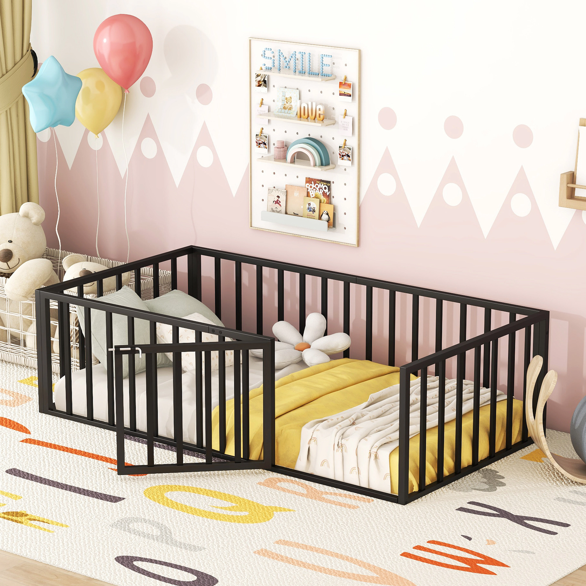 Flynama Twin Metal Floor Bed Frame with Fence & Door, Black