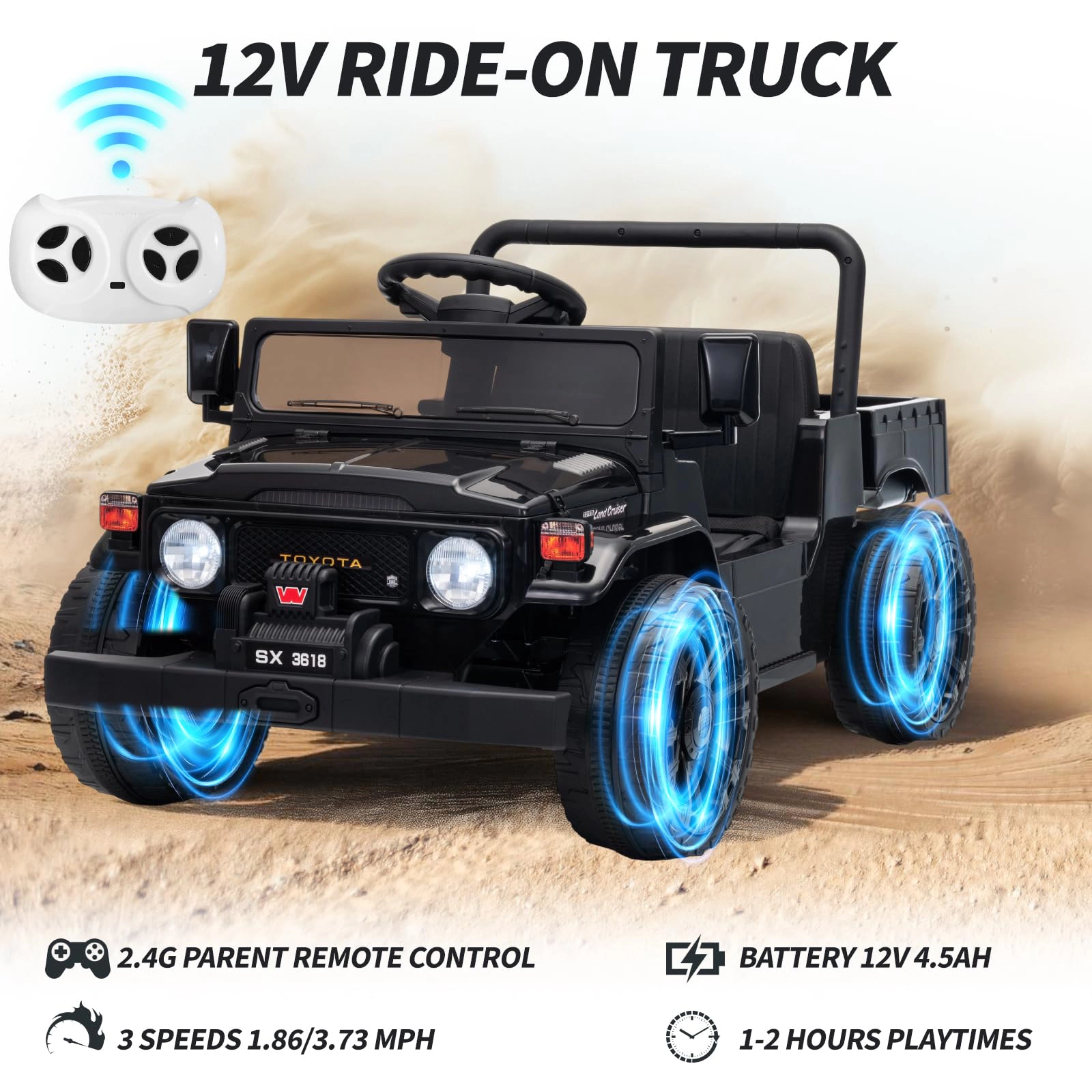 Enjyam 12V Licensed Toyota Ride-On Pickup Truck for Kids, Electric Vehicles w/Remote, Suspension, Bed