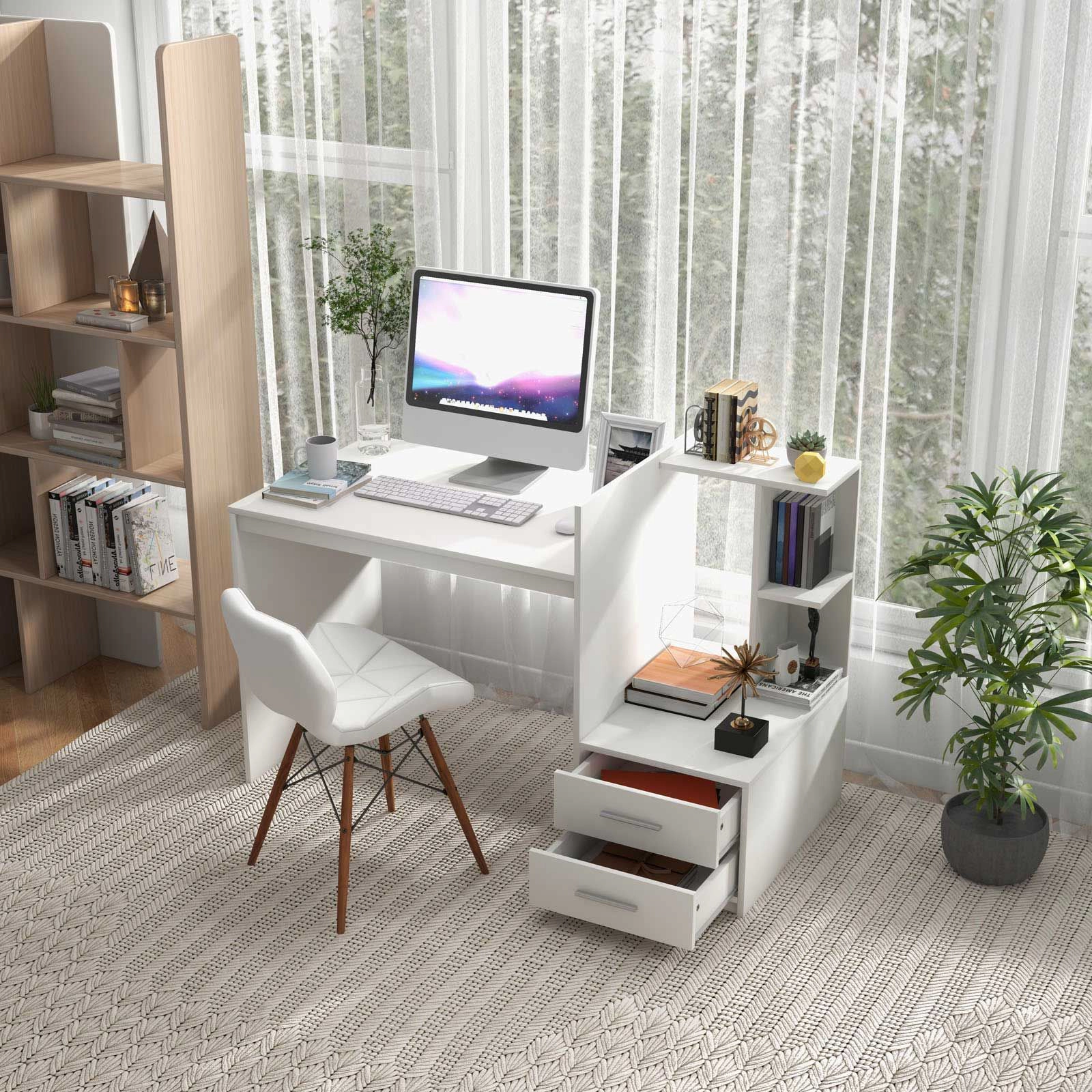 SlickBlue 51" Home Office Desk with Drawers and Corner Bookshelf
