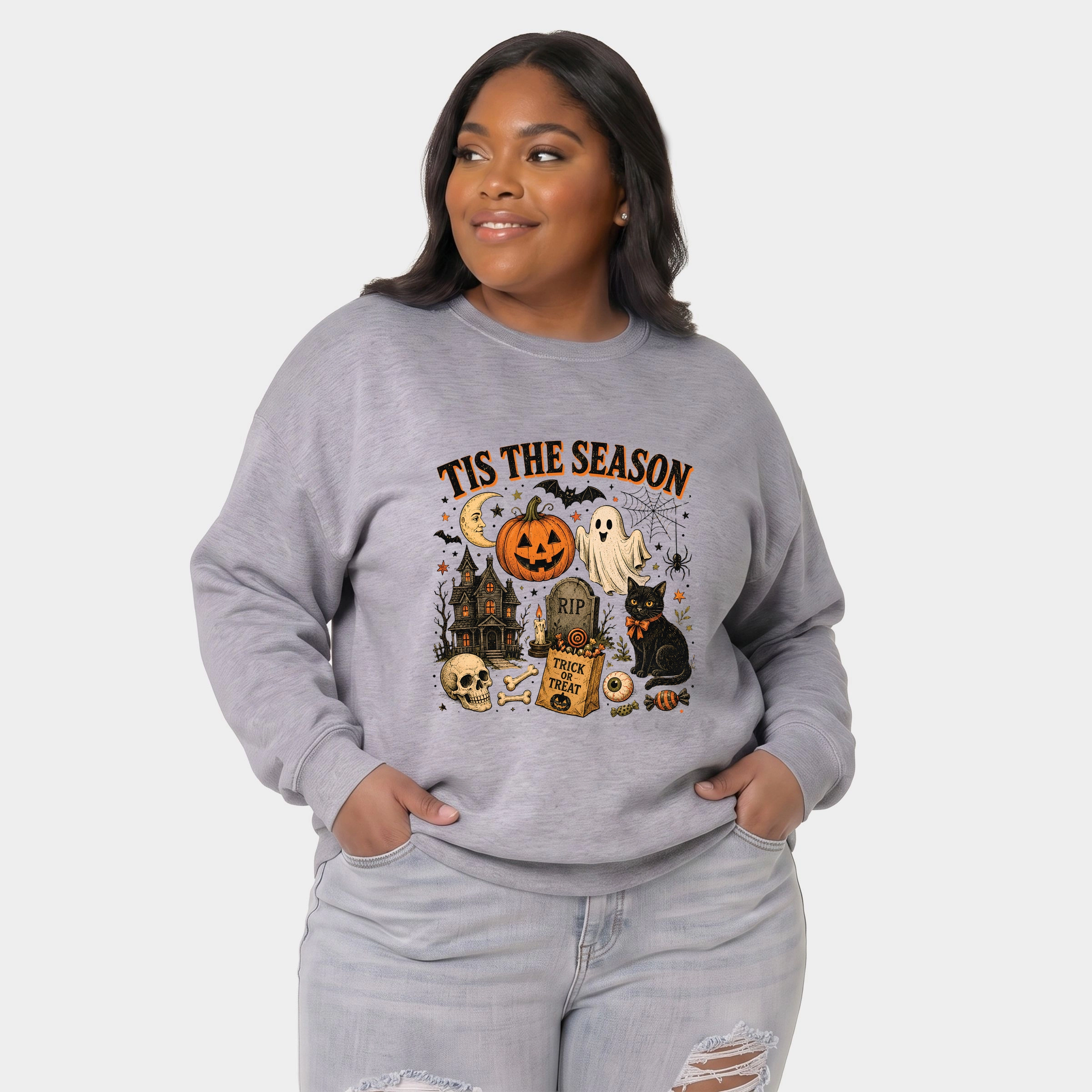 Simply Sage Market - Women's Plus Sized Graphic Sweatshirt Tis The Season Haloween Collage