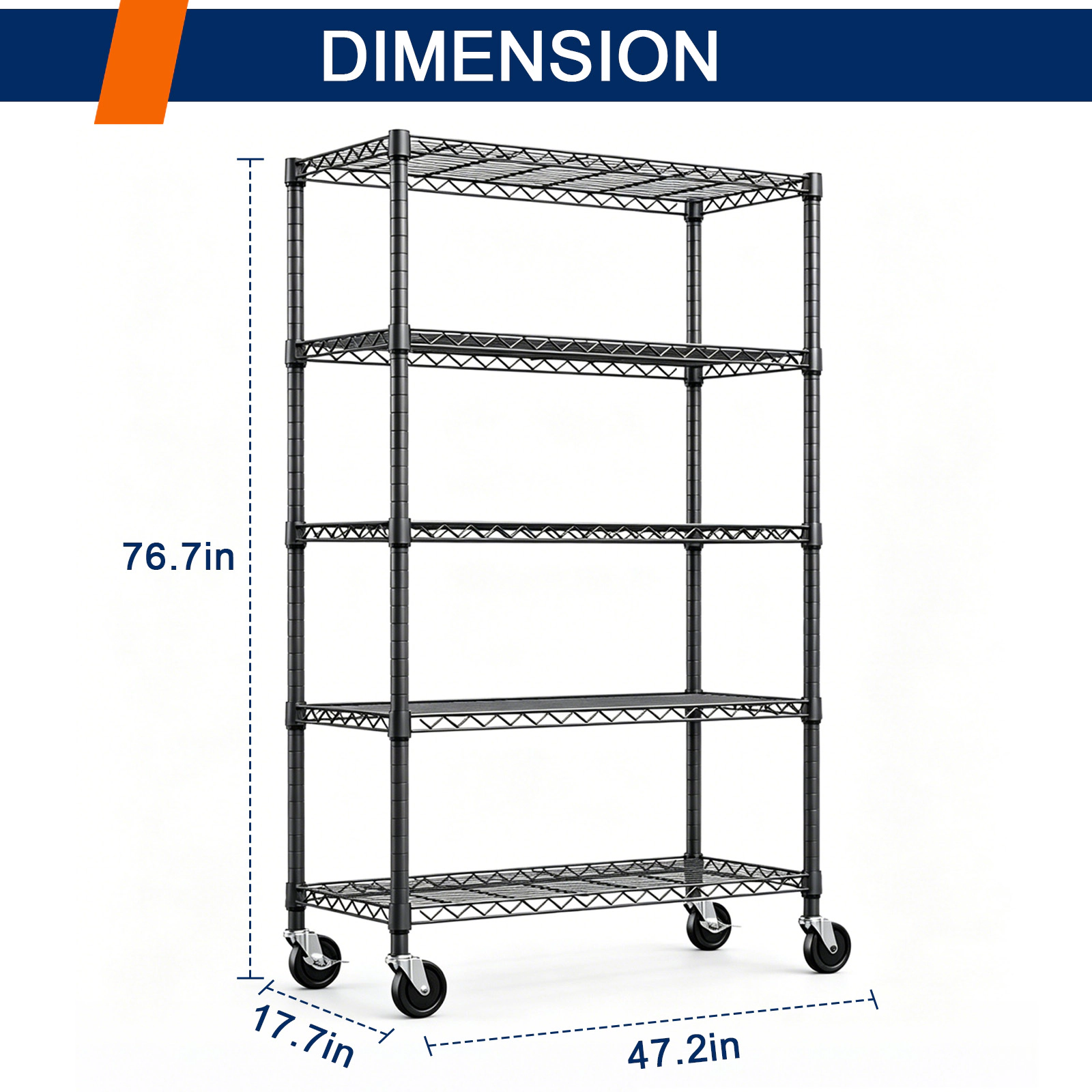 Flynama 5-Tier Steel Shelving Unit, 47.2x17.7x76.7in, 1750lb, Adjustable Rack with Wheels for Home Kitchen Garage