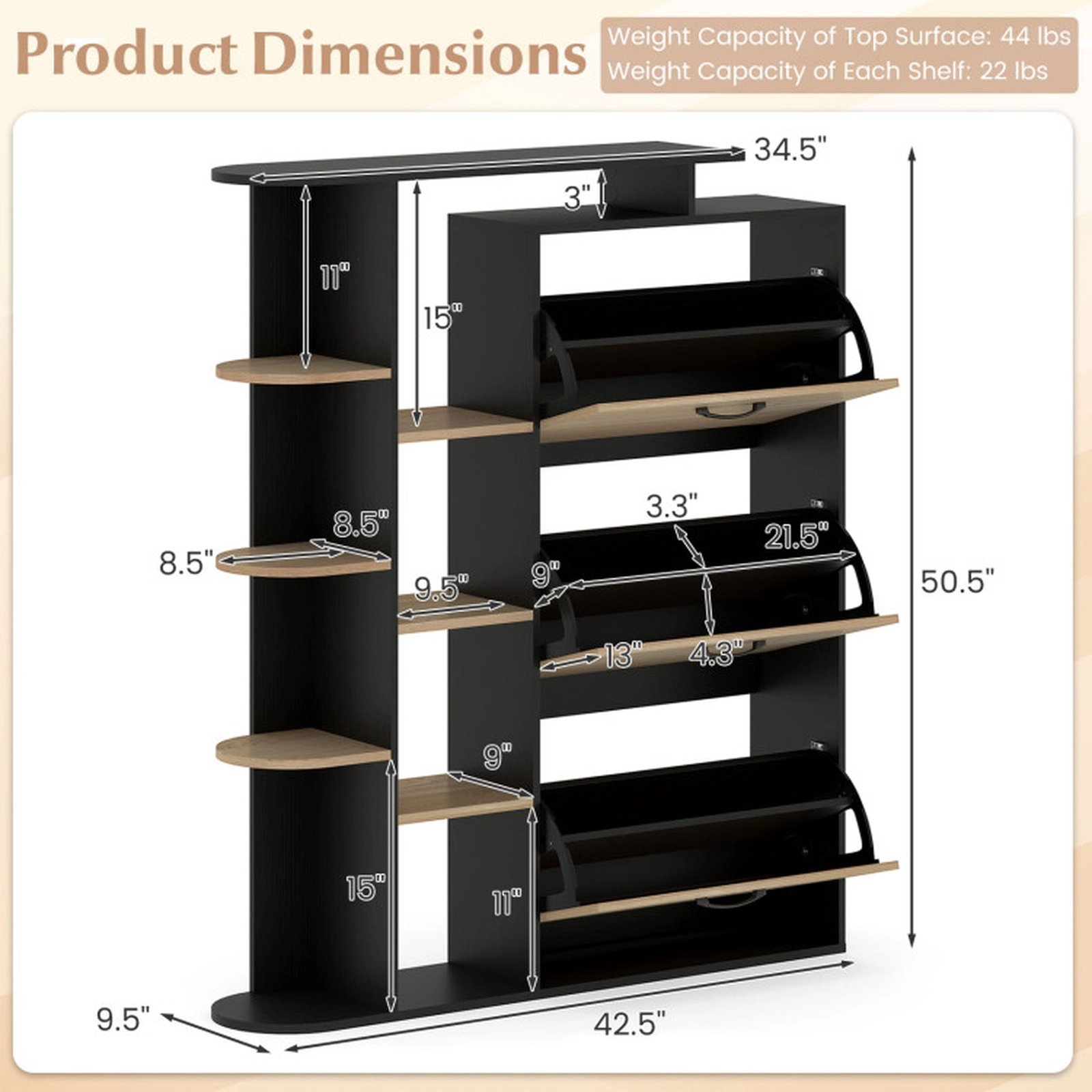 SUGIFT 42.5-in Modern Entryway Shoe Cabinet with 3 Flip Drawers and Open Side Shelves for Shoe Storage
